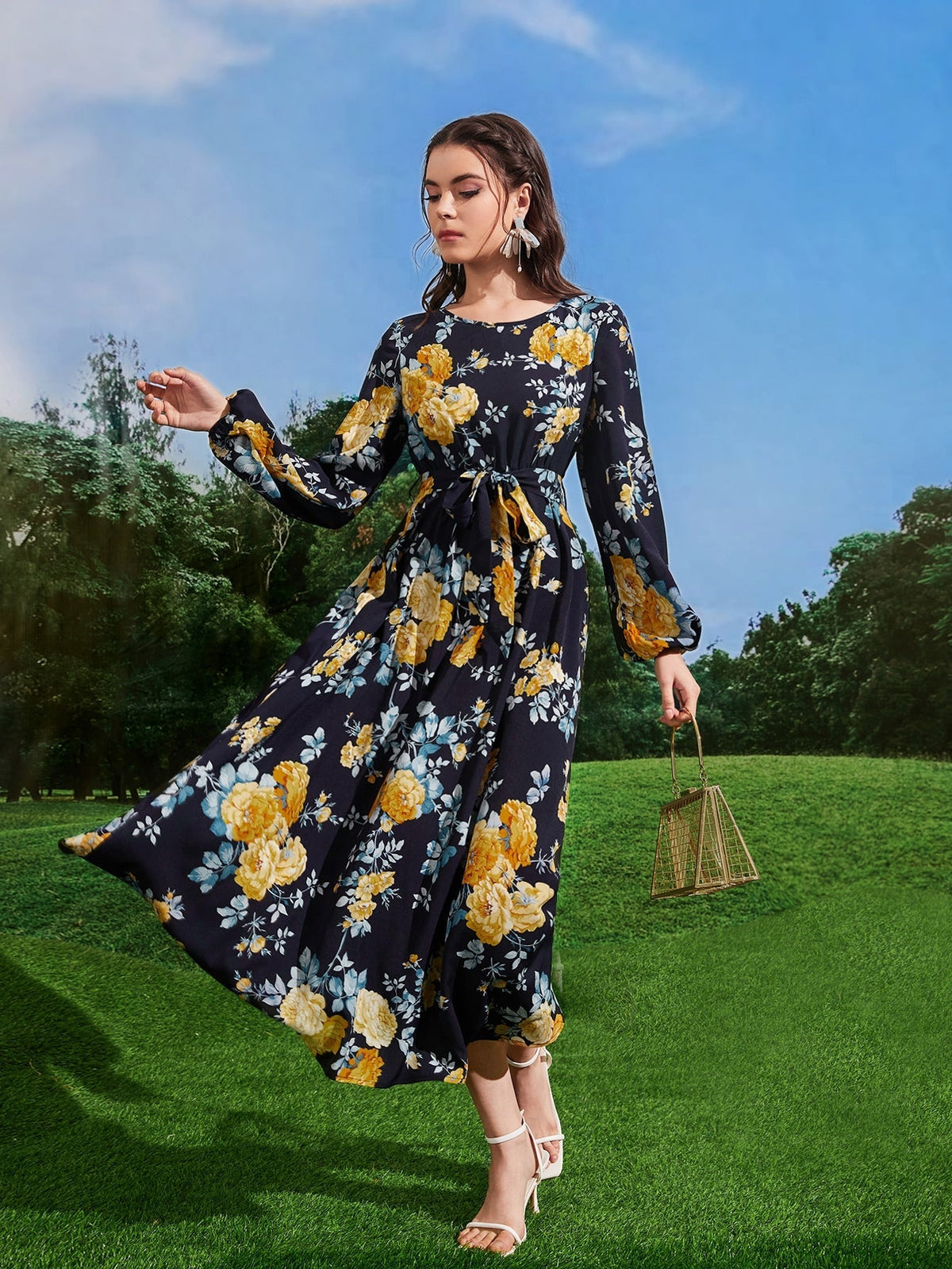Buy SHEIN Mulvari Floral Print Lantern Sleeve Belted Dress in Pakistan