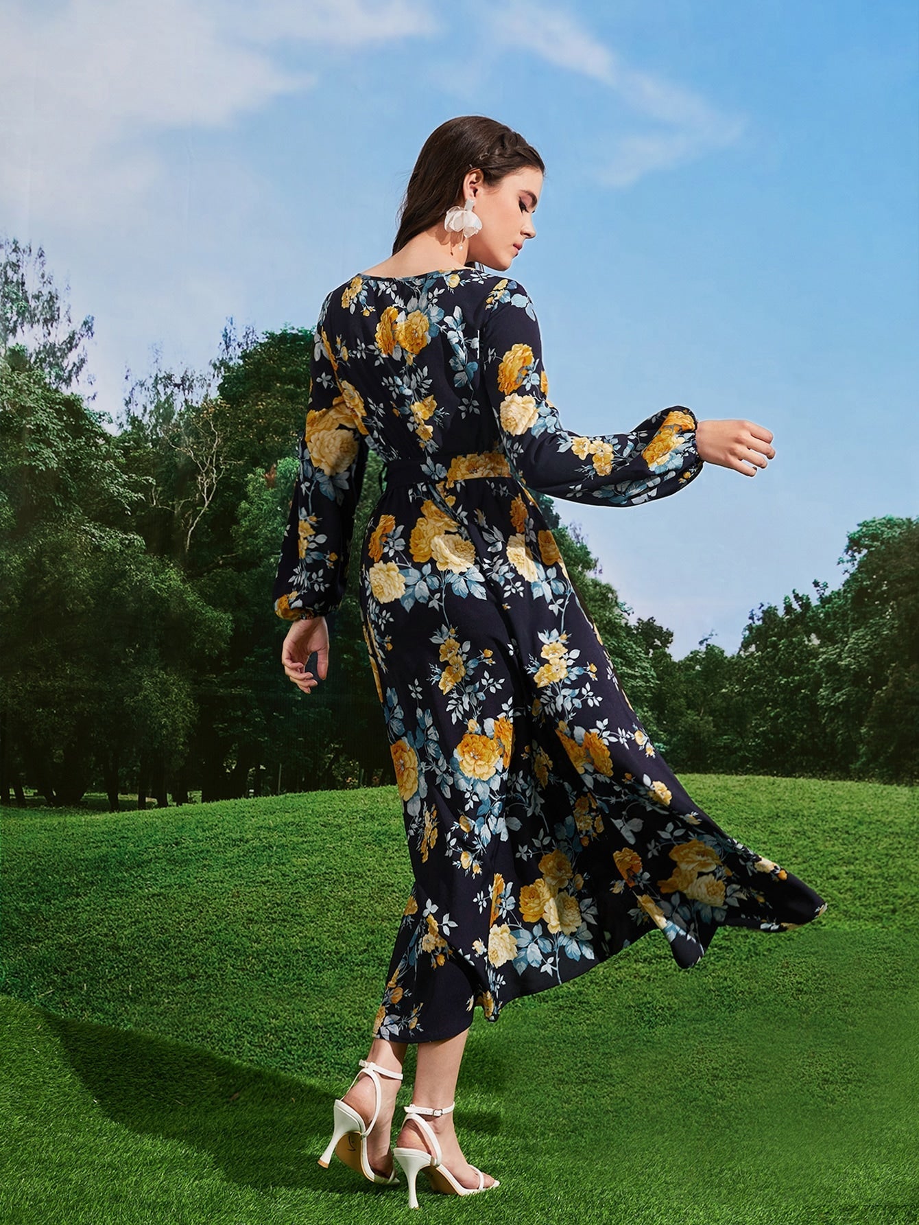 Buy SHEIN Mulvari Floral Print Lantern Sleeve Belted Dress in Pakistan