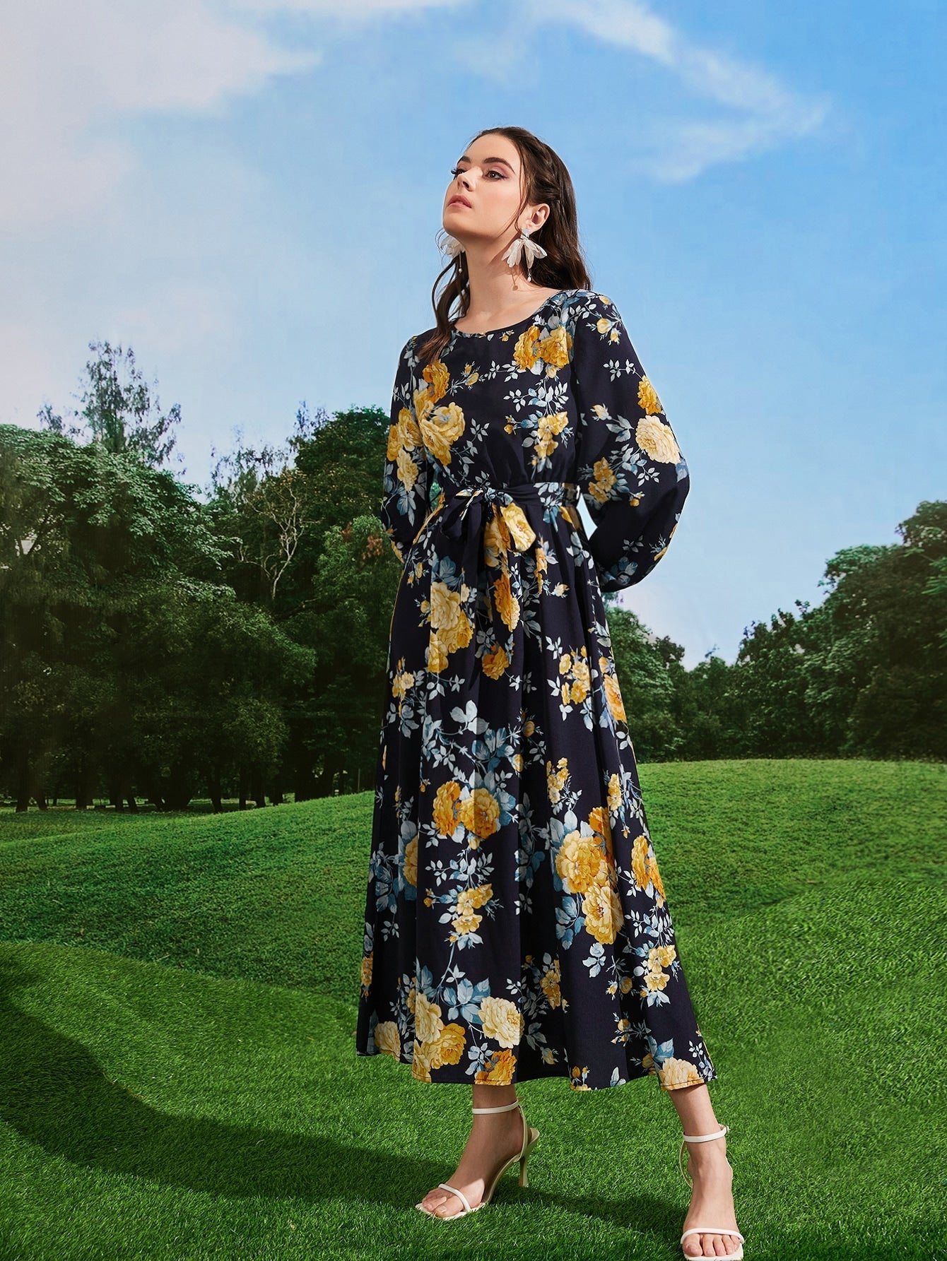 Buy SHEIN Mulvari Floral Print Lantern Sleeve Belted Dress in Pakistan
