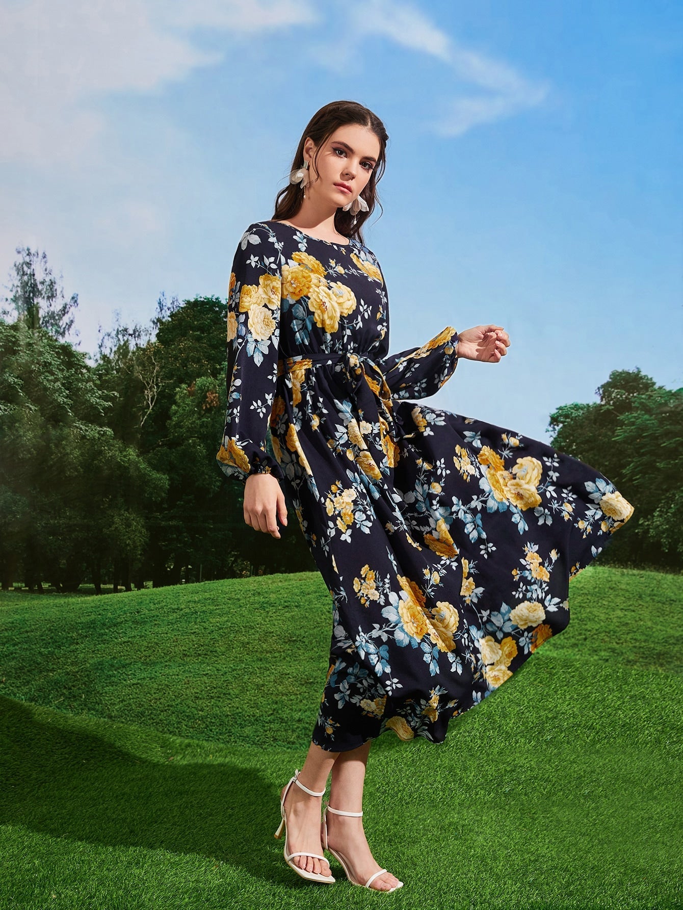 Buy SHEIN Mulvari Floral Print Lantern Sleeve Belted Dress in Pakistan