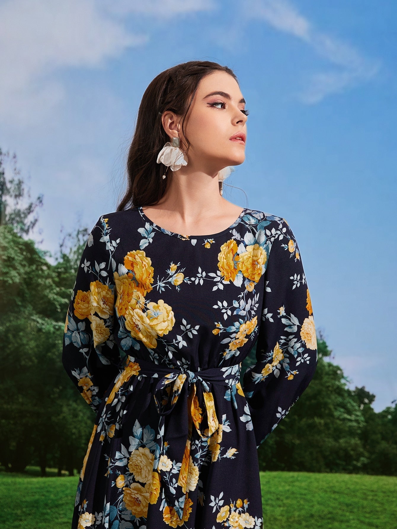 Buy SHEIN Mulvari Floral Print Lantern Sleeve Belted Dress in Pakistan