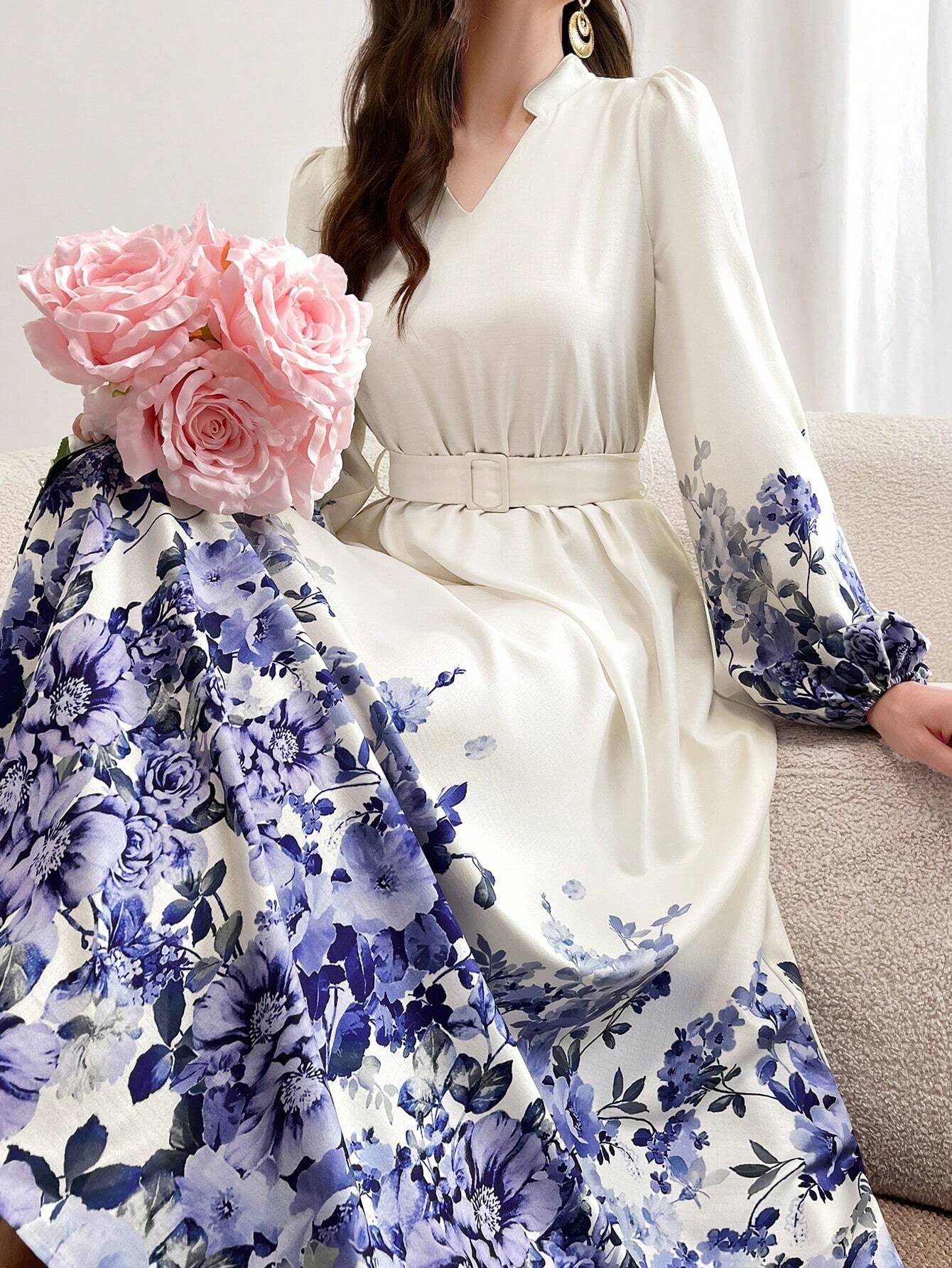 Buy SHEIN Mulvari Notch Neck Belted Long Sleeve Modest Dress With Floral Print in Pakistan