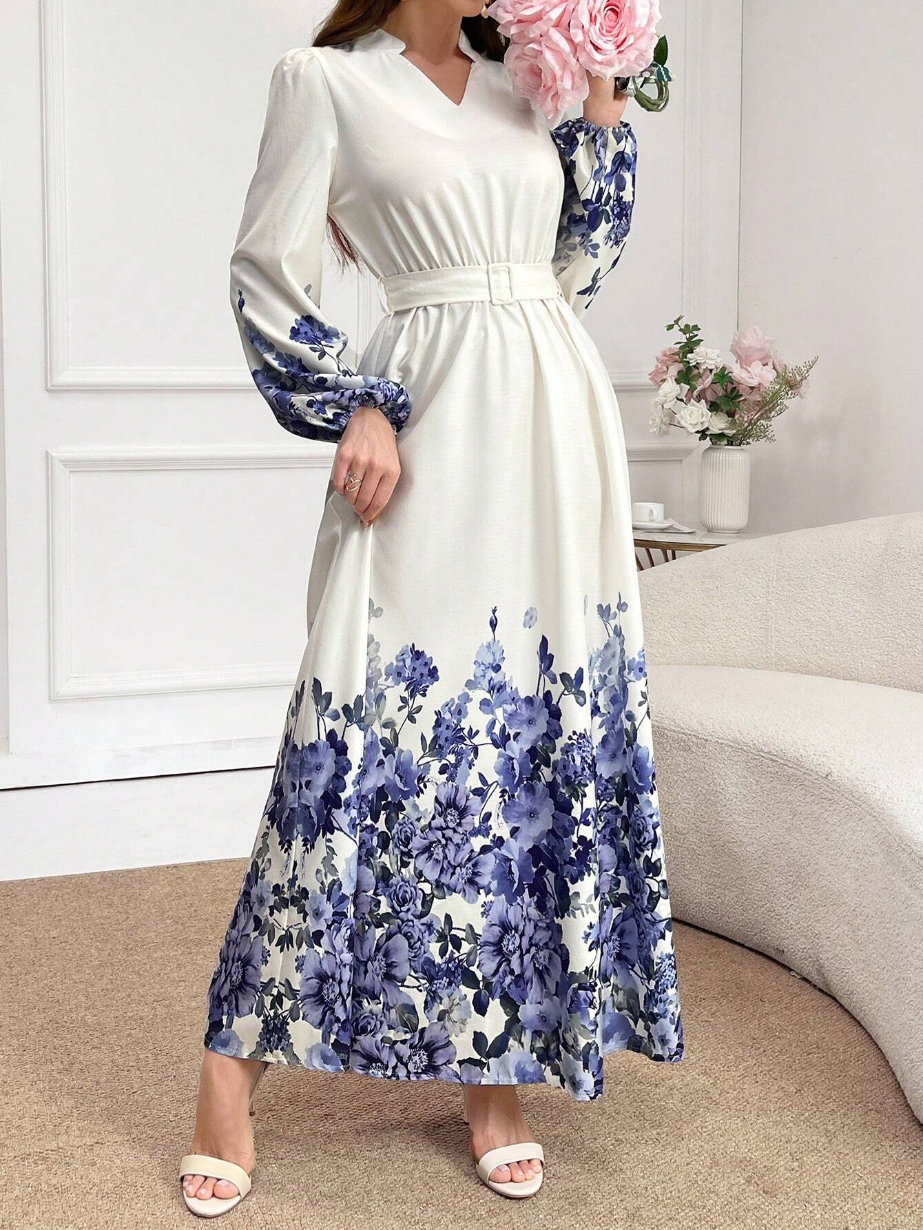 Buy SHEIN Mulvari Notch Neck Belted Long Sleeve Modest Dress With Floral Print in Pakistan