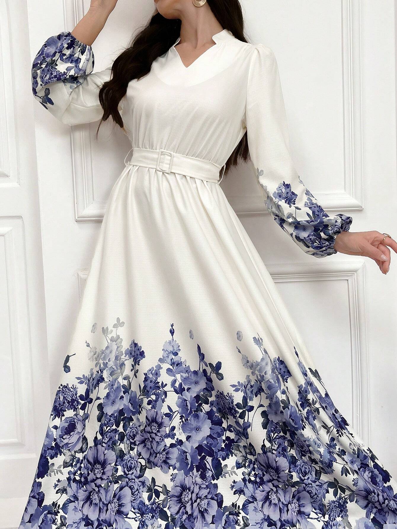 Buy SHEIN Mulvari Notch Neck Belted Long Sleeve Modest Dress With Floral Print in Pakistan