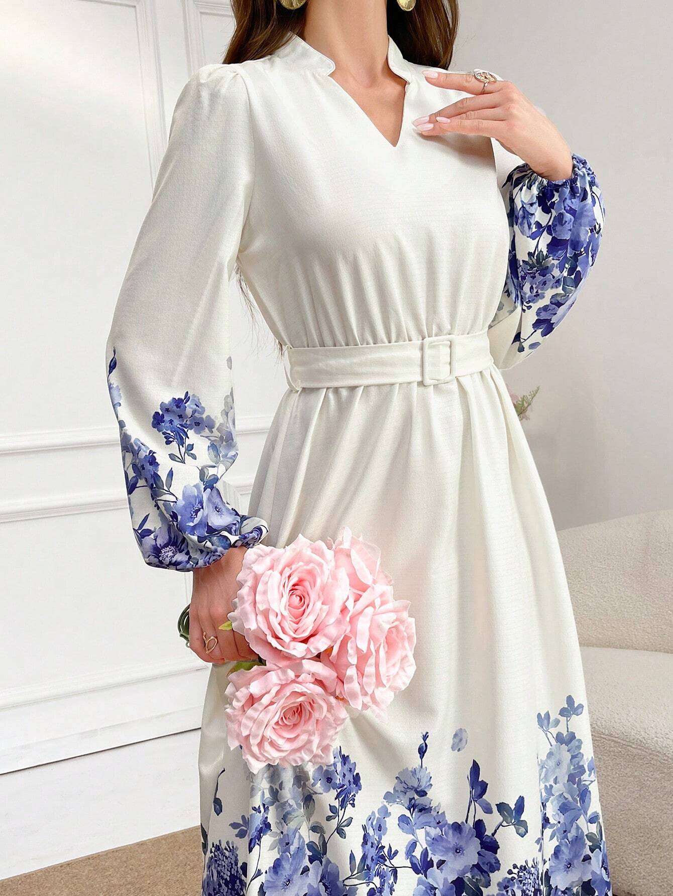 Buy SHEIN Mulvari Notch Neck Belted Long Sleeve Modest Dress With Floral Print in Pakistan