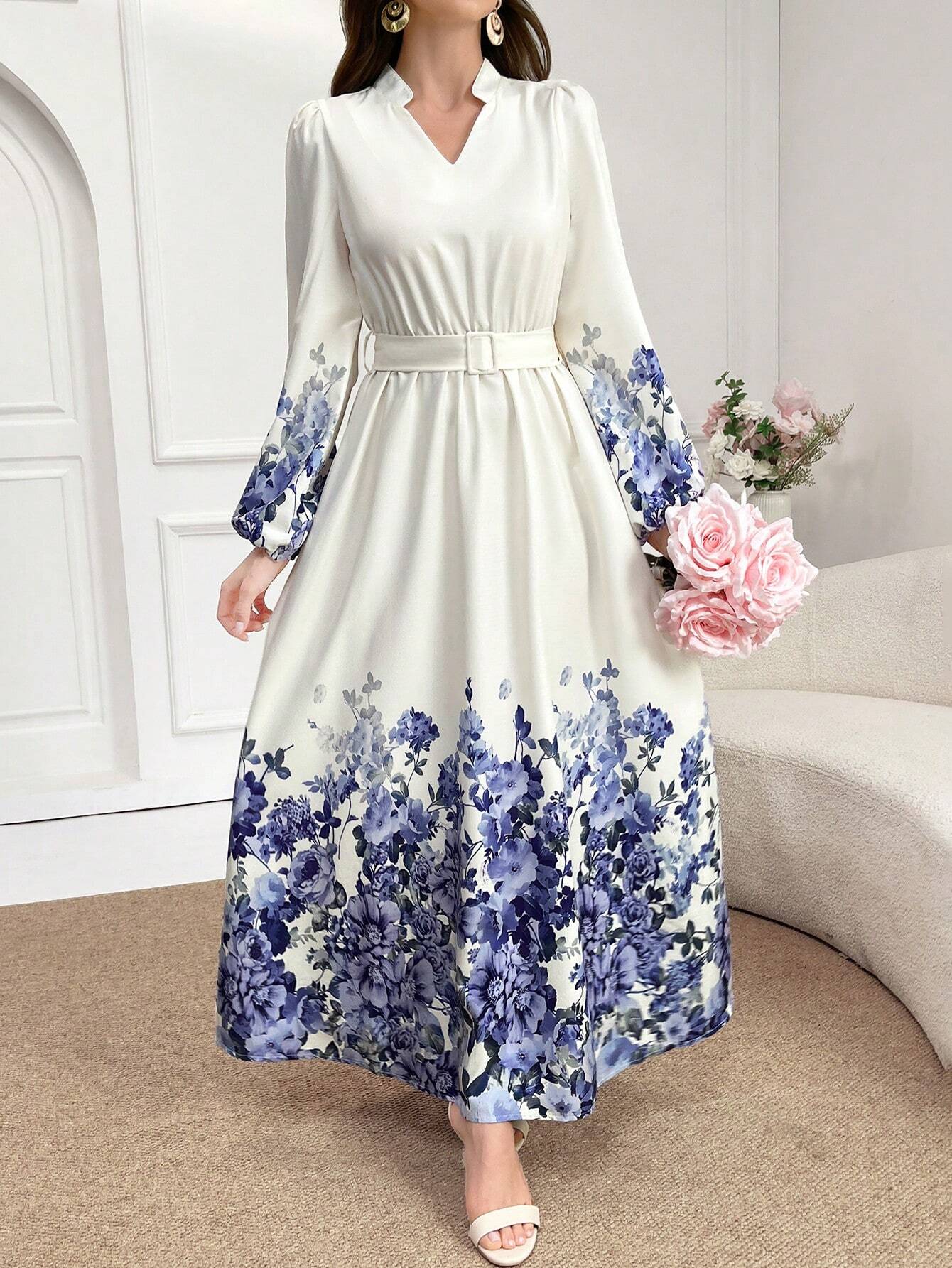 Buy SHEIN Mulvari Notch Neck Belted Long Sleeve Modest Dress With Floral Print in Pakistan
