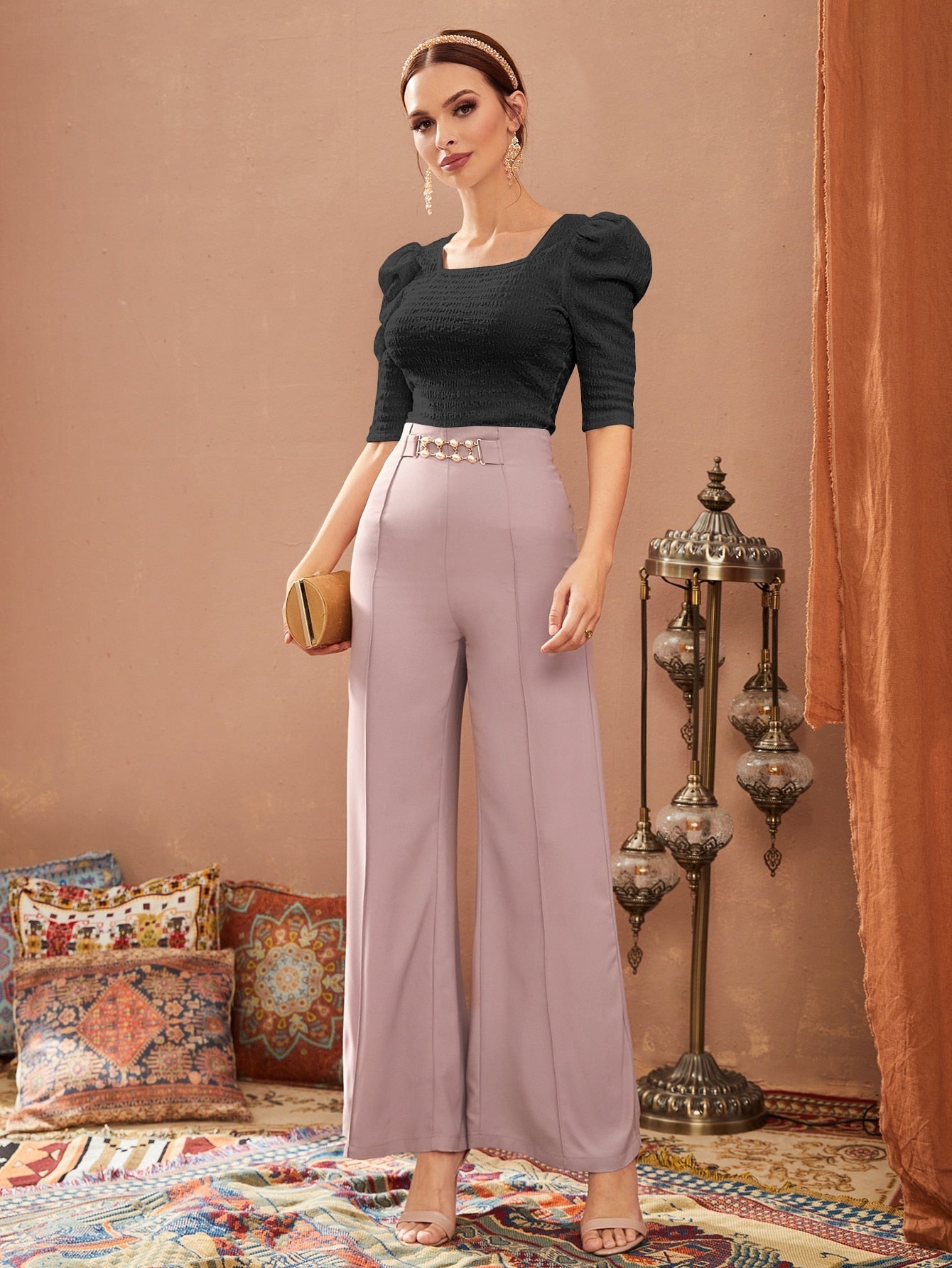 Buy SHEIN Mulvari Puff Sleeve Square Neck Tee in Pakistan