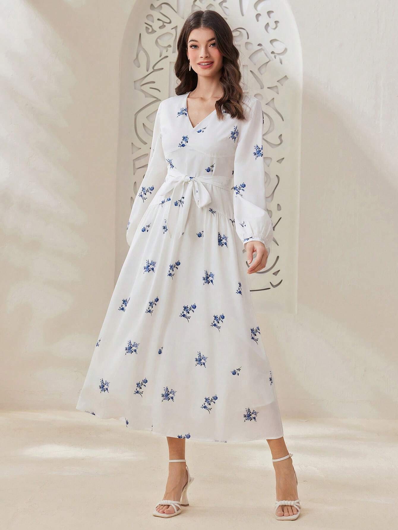 Buy SHEIN Mulvari Women'S V-Neck Floral Print Long Sleeve Dress in Pakistan