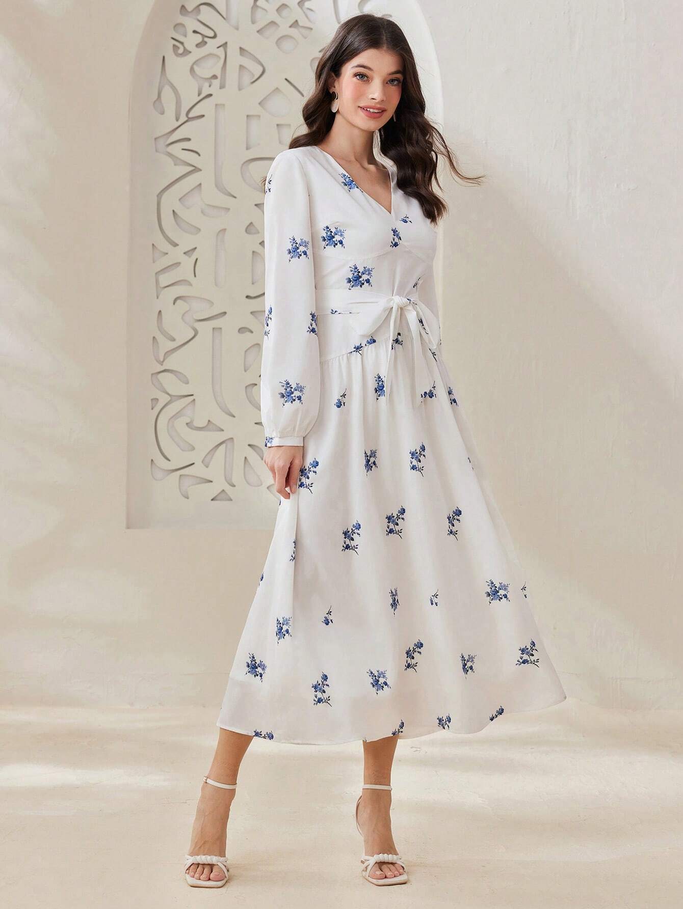 Buy SHEIN Mulvari Women'S V-Neck Floral Print Long Sleeve Dress in Pakistan