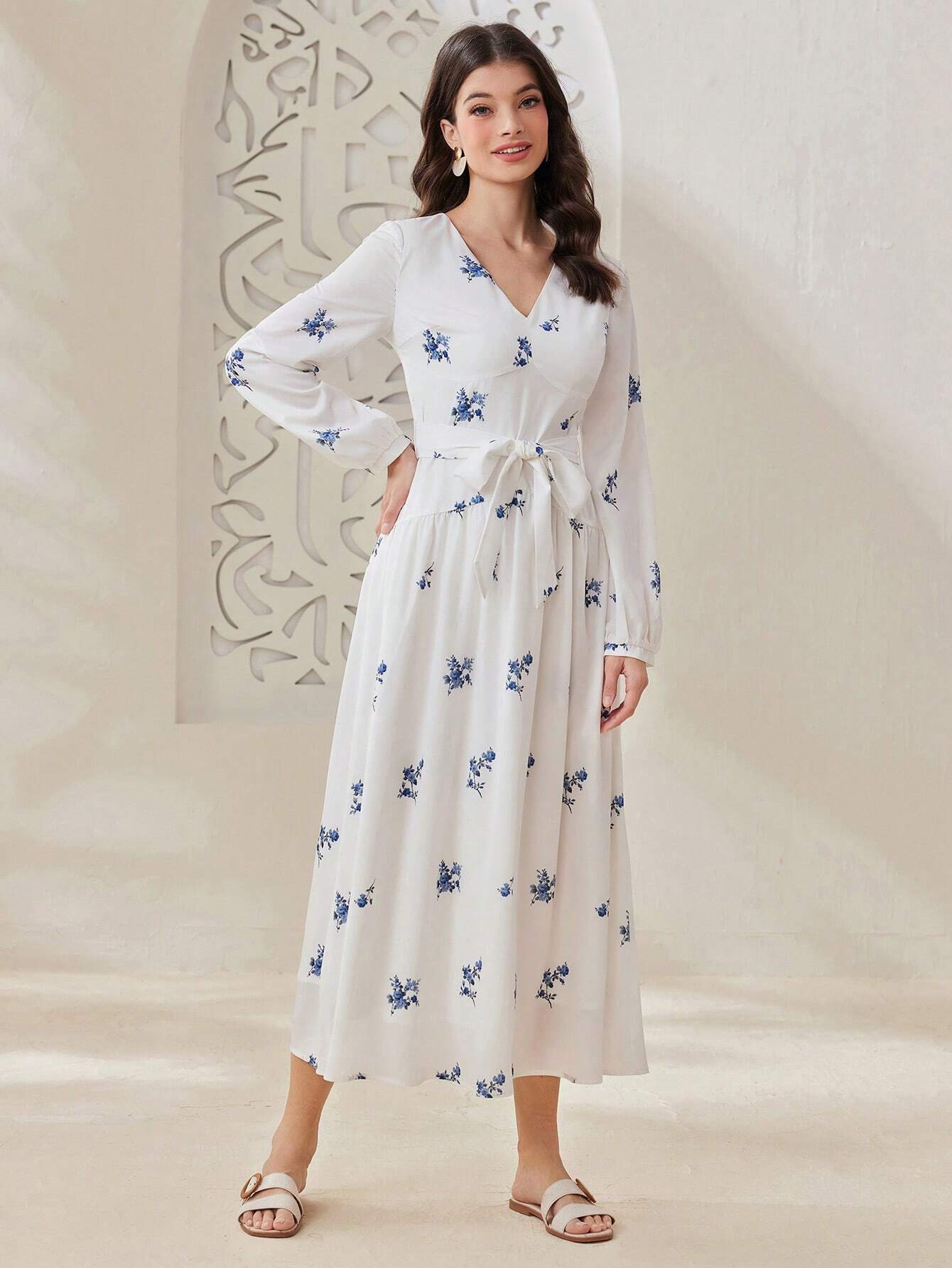 Buy SHEIN Mulvari Women'S V-Neck Floral Print Long Sleeve Dress in Pakistan