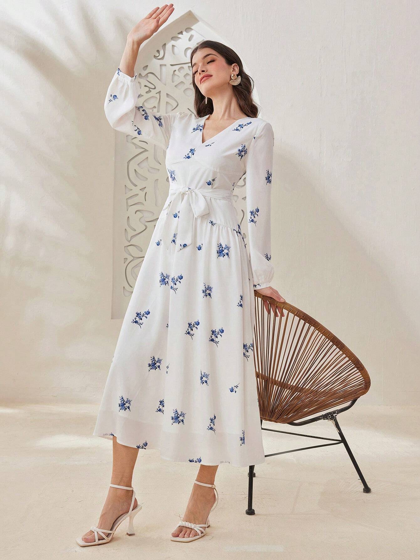 Buy SHEIN Mulvari Women'S V-Neck Floral Print Long Sleeve Dress in Pakistan