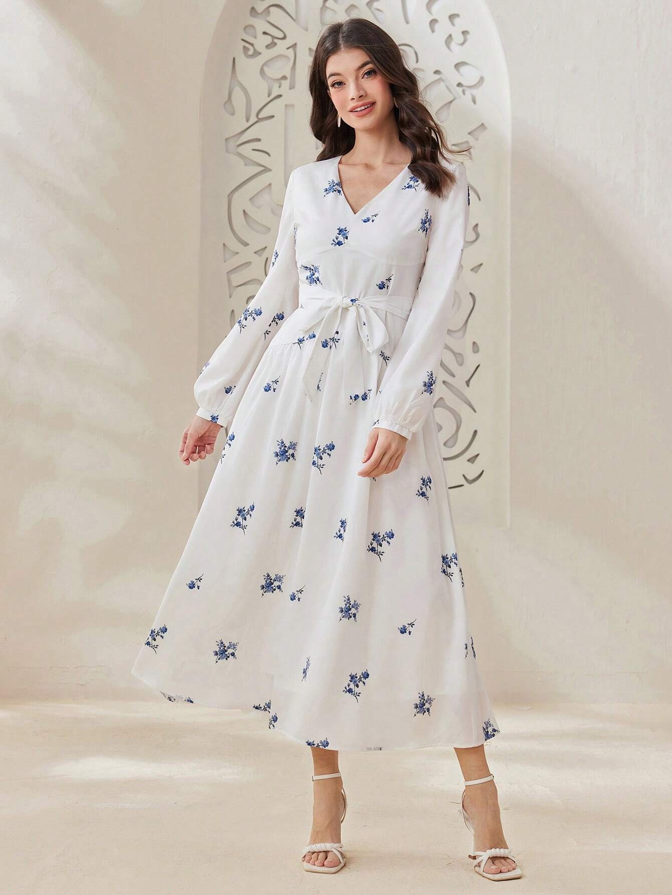 Buy SHEIN Mulvari Women'S V-Neck Floral Print Long Sleeve Dress in Pakistan