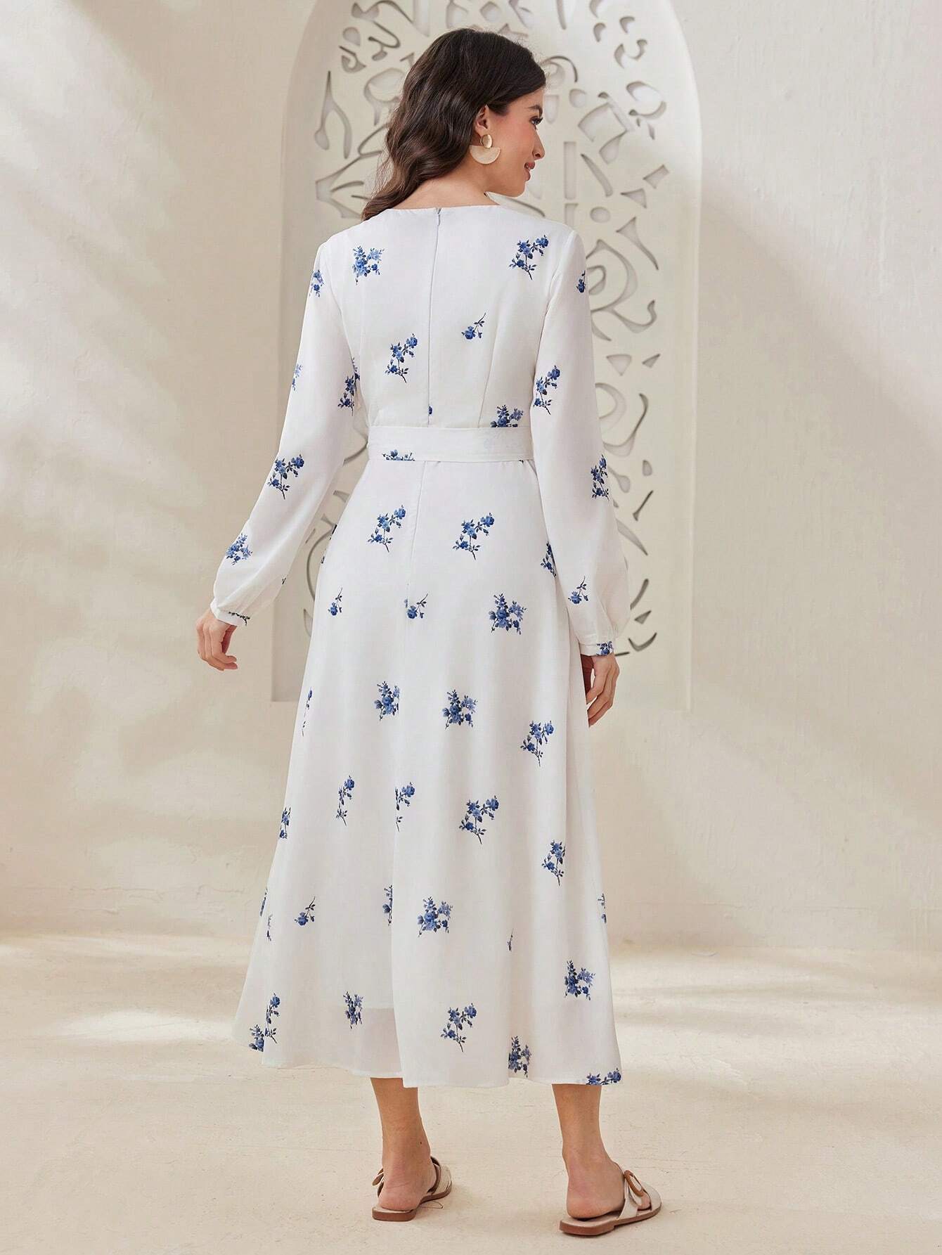 Buy SHEIN Mulvari Women'S V-Neck Floral Print Long Sleeve Dress in Pakistan