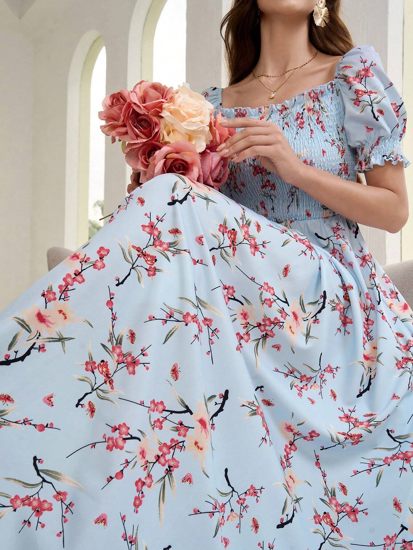 Buy SHEIN Mulvari Women's Floral Print Short Sleeve Vacation Style Dress in Pakistan