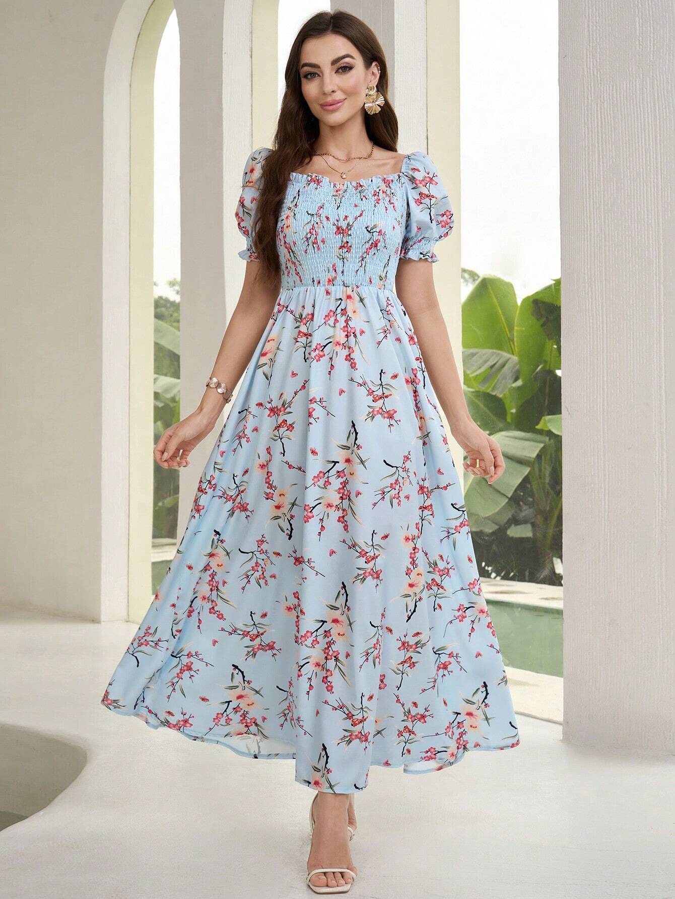 Buy SHEIN Mulvari Women's Floral Print Short Sleeve Vacation Style Dress in Pakistan