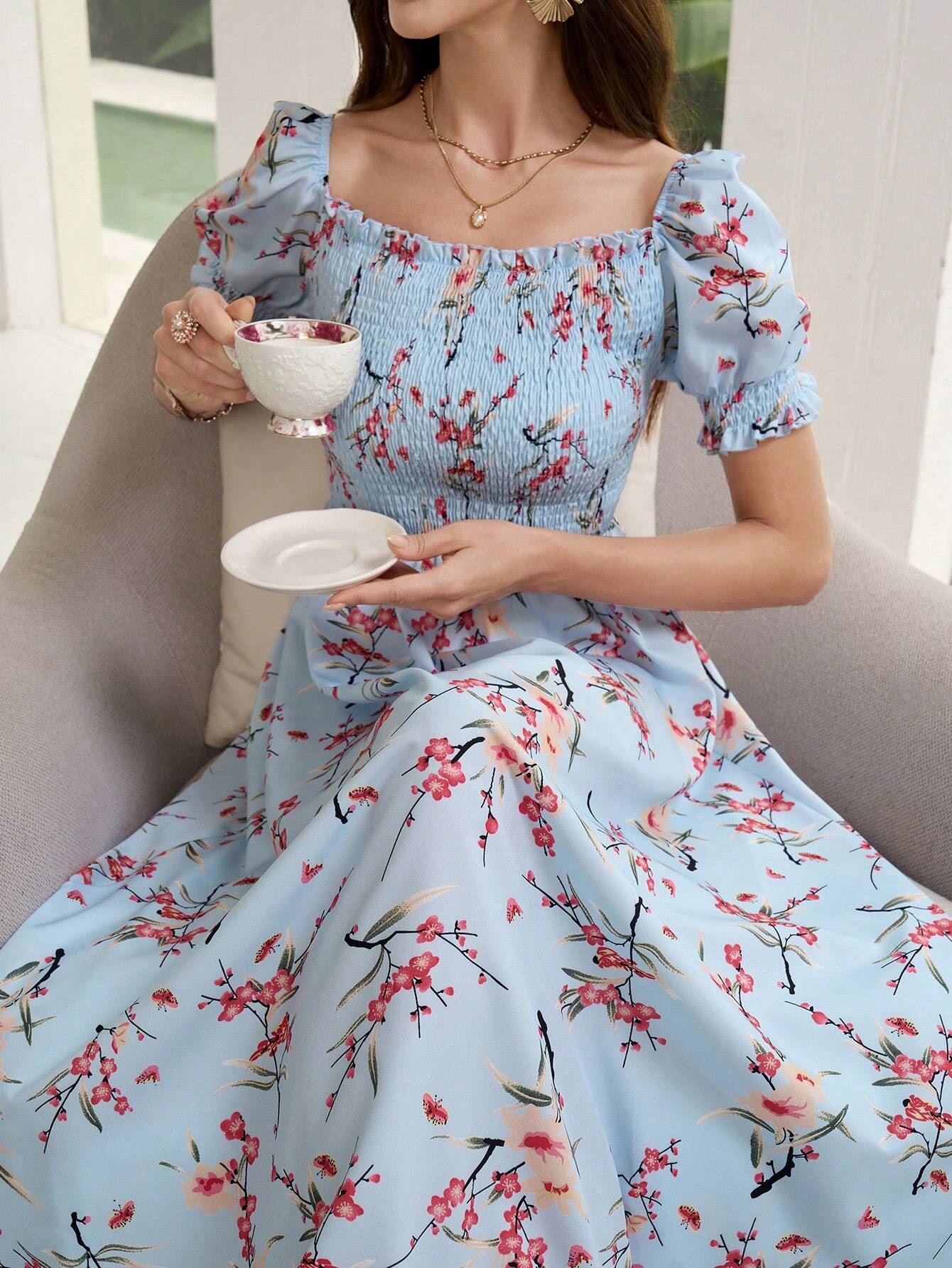 Buy SHEIN Mulvari Women's Floral Print Short Sleeve Vacation Style Dress in Pakistan