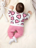 Buy SHEIN Newborn Baby Girl Heart Printed Sweatshirt And Solid Color Elastic Waist Long Pants Set in Pakistan