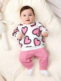 Buy SHEIN Newborn Baby Girl Heart Printed Sweatshirt And Solid Color Elastic Waist Long Pants Set in Pakistan