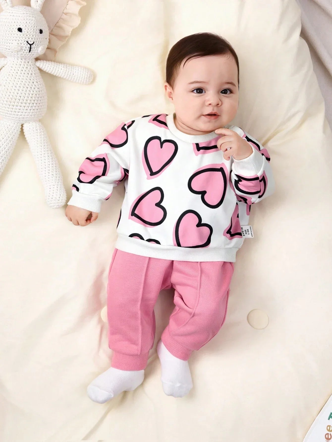 Buy SHEIN Newborn Baby Girl Heart Printed Sweatshirt And Solid Color Elastic Waist Long Pants Set in Pakistan