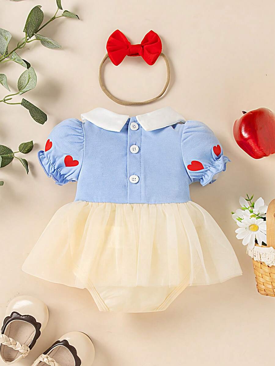 Buy SHEIN Persoplay Kids New Baby/Toddler Girls Cute Heart Print Collared Short Sleeve Mesh Jumpsuit Outfit With Bow Headband, Unique & Design in Pakistan