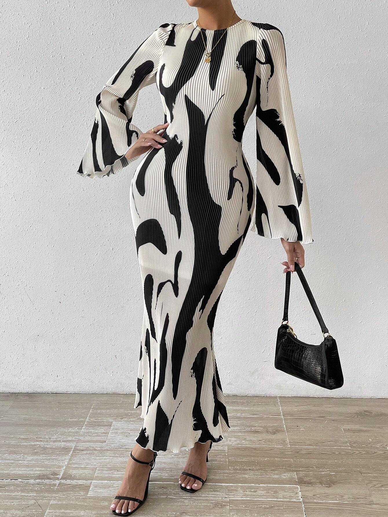 Buy SHEIN Privé Allover Print Flounce Sleeve Mermaid Hem Dress in Pakistan