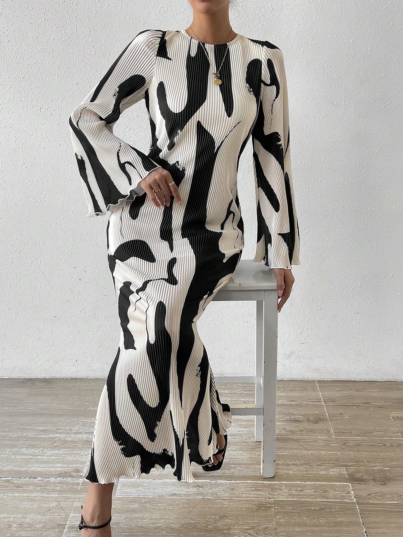 Buy SHEIN Privé Allover Print Flounce Sleeve Mermaid Hem Dress in Pakistan