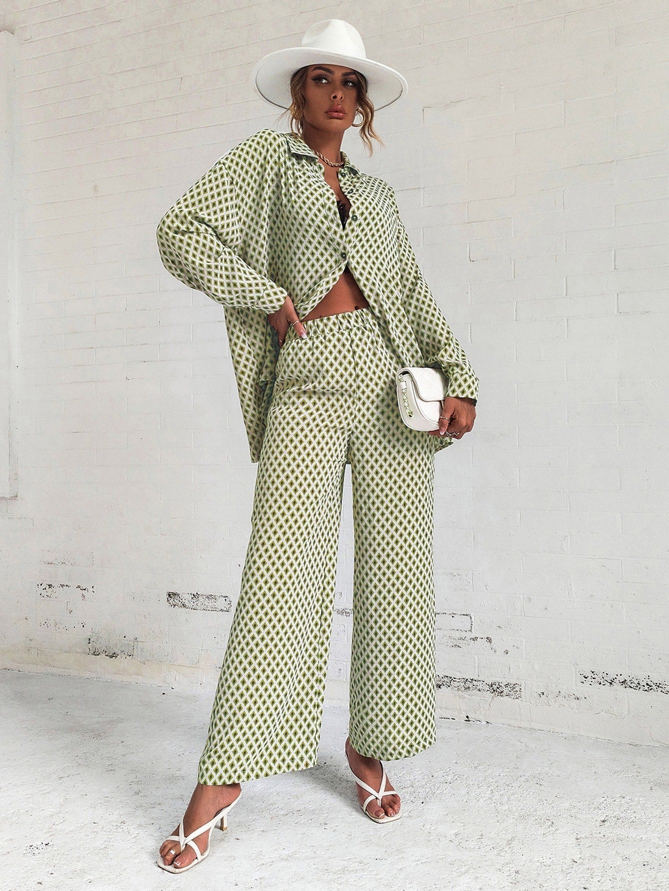 Buy SHEIN Privé Argyle Print Drop Shoulder Blouse & Wide Leg Pants in Pakistan