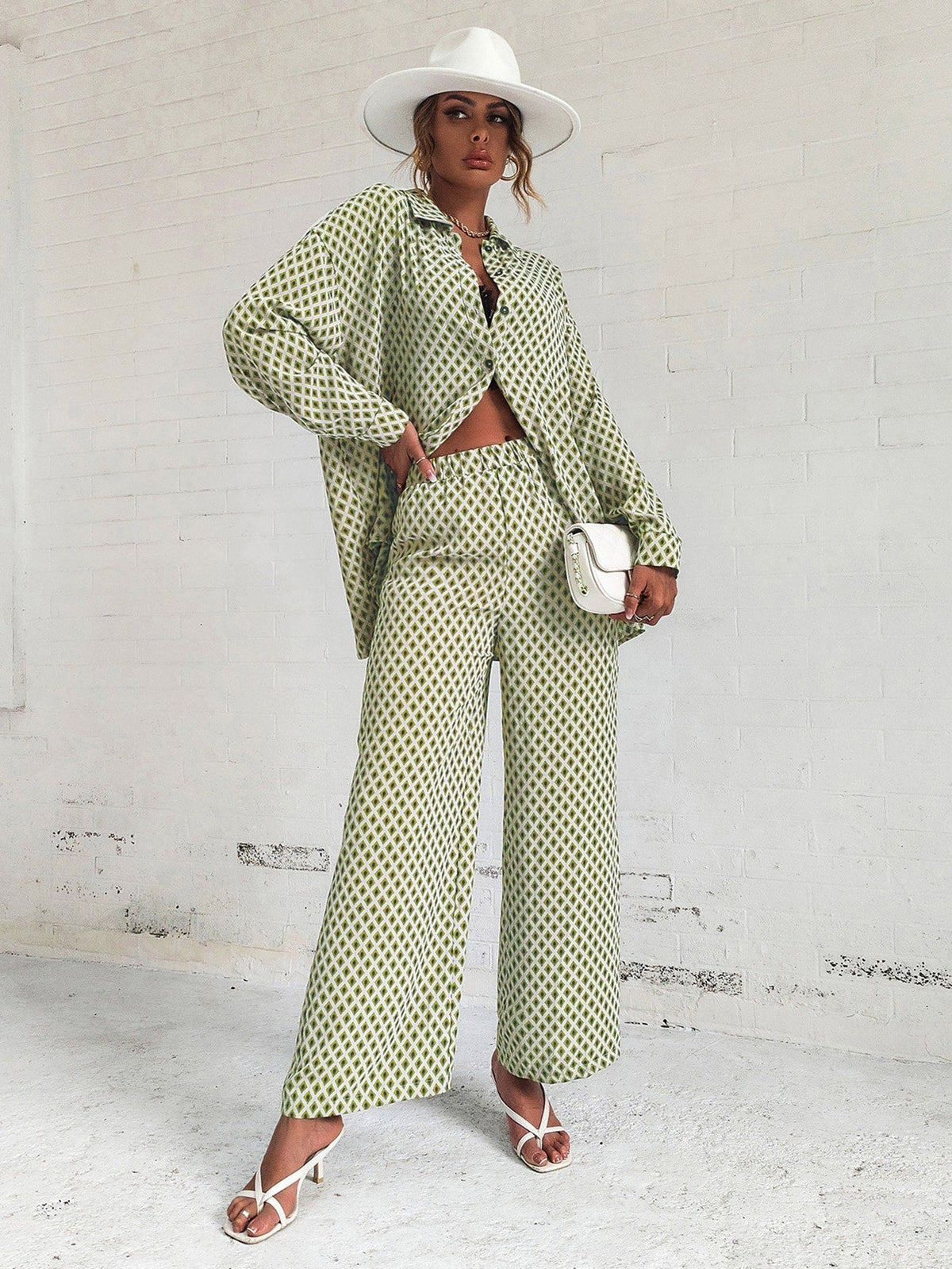 Buy SHEIN Privé Argyle Print Drop Shoulder Blouse & Wide Leg Pants in Pakistan