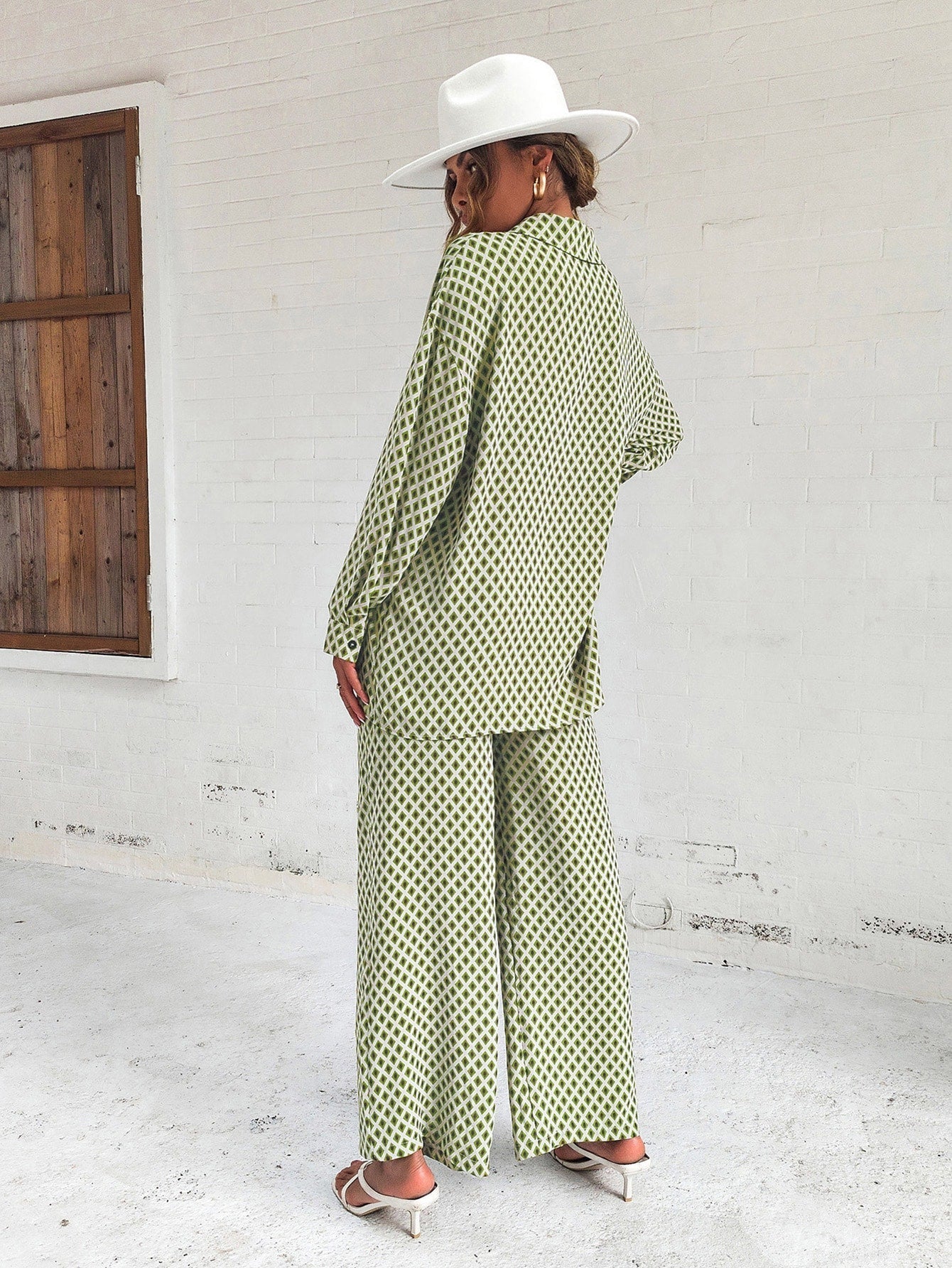 Buy SHEIN Privé Argyle Print Drop Shoulder Blouse & Wide Leg Pants in Pakistan