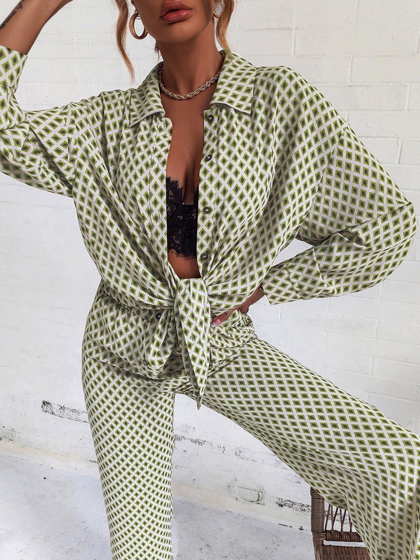 Buy SHEIN Privé Argyle Print Drop Shoulder Blouse & Wide Leg Pants in Pakistan