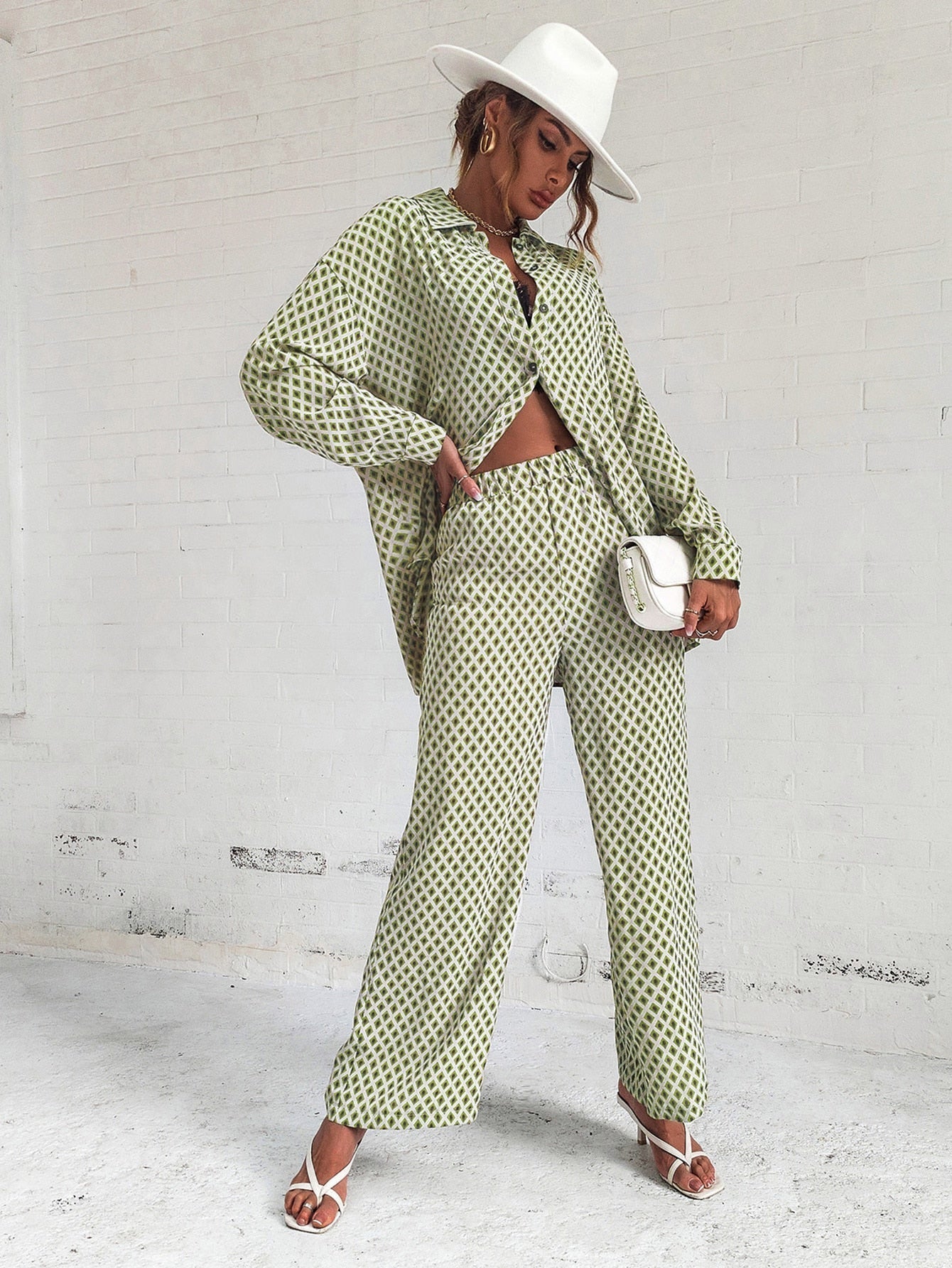 Buy SHEIN Privé Argyle Print Drop Shoulder Blouse & Wide Leg Pants in Pakistan