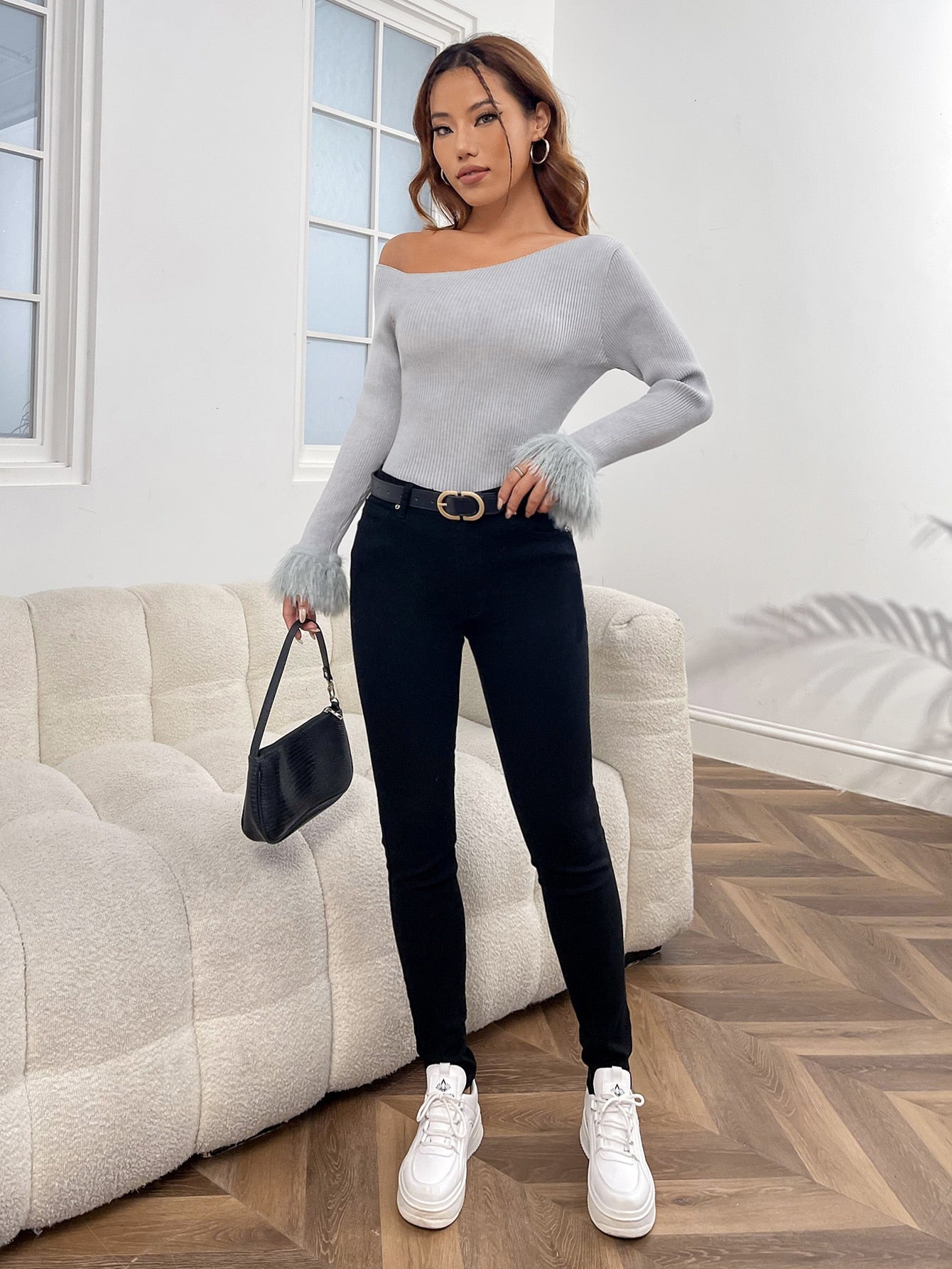 Buy SHEIN Priv̩ Asymmetrical Neck Fuzzy Cuff Ribbed Knit Sweater in Pakistan