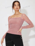 Buy SHEIN Priv̩ Collar Pleated Glitter Mesh Top in Pakistan