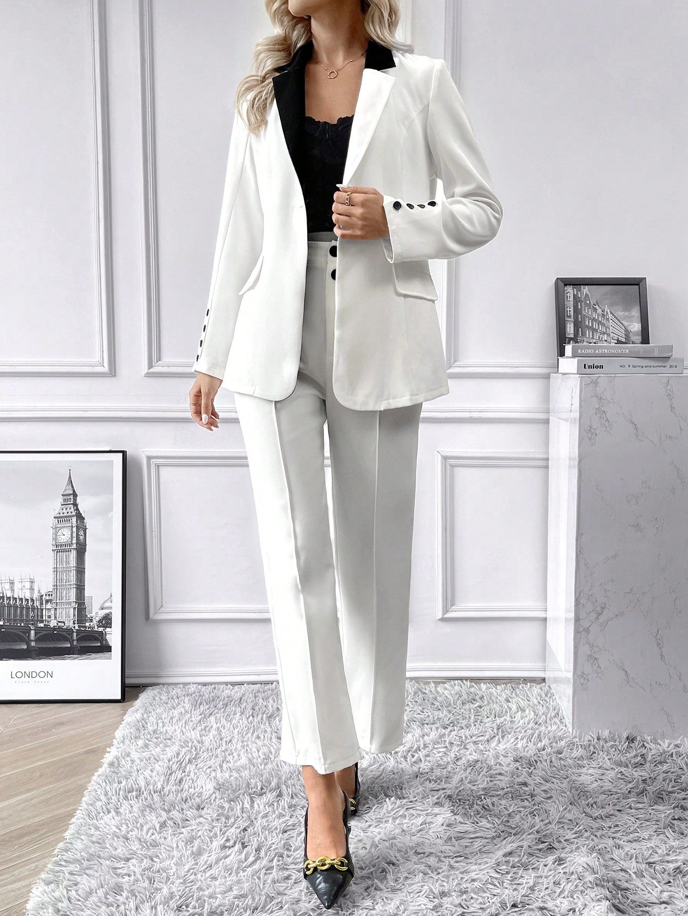 Buy SHEIN Priv̩ Contrast Collar Flap Detail Blazer & Suit Pants in Pakistan