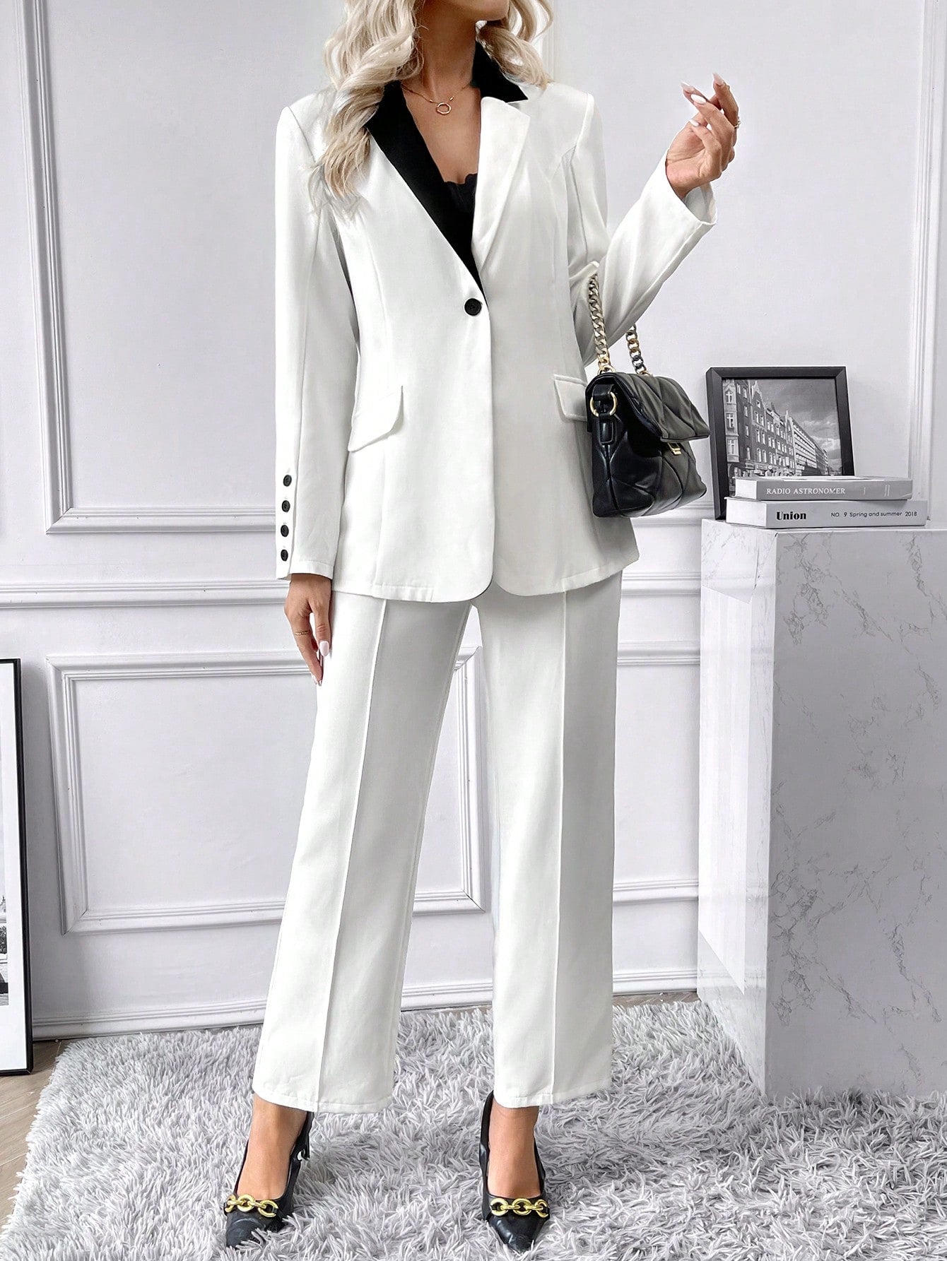 Buy SHEIN Priv̩ Contrast Collar Flap Detail Blazer & Suit Pants in Pakistan