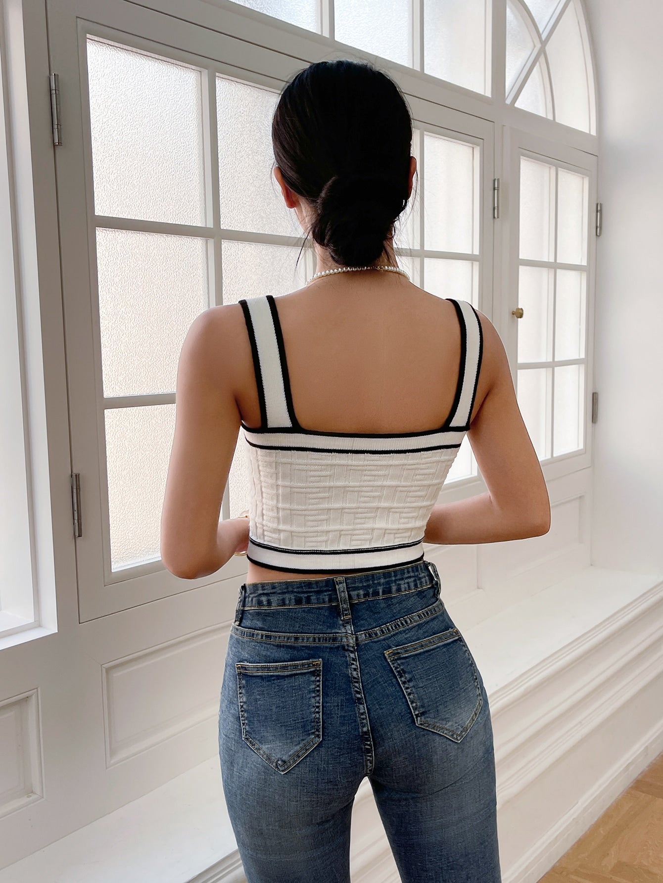 Buy SHEIN Privé Contrast Trim Button Detail Crop Knit Top in Pakistan