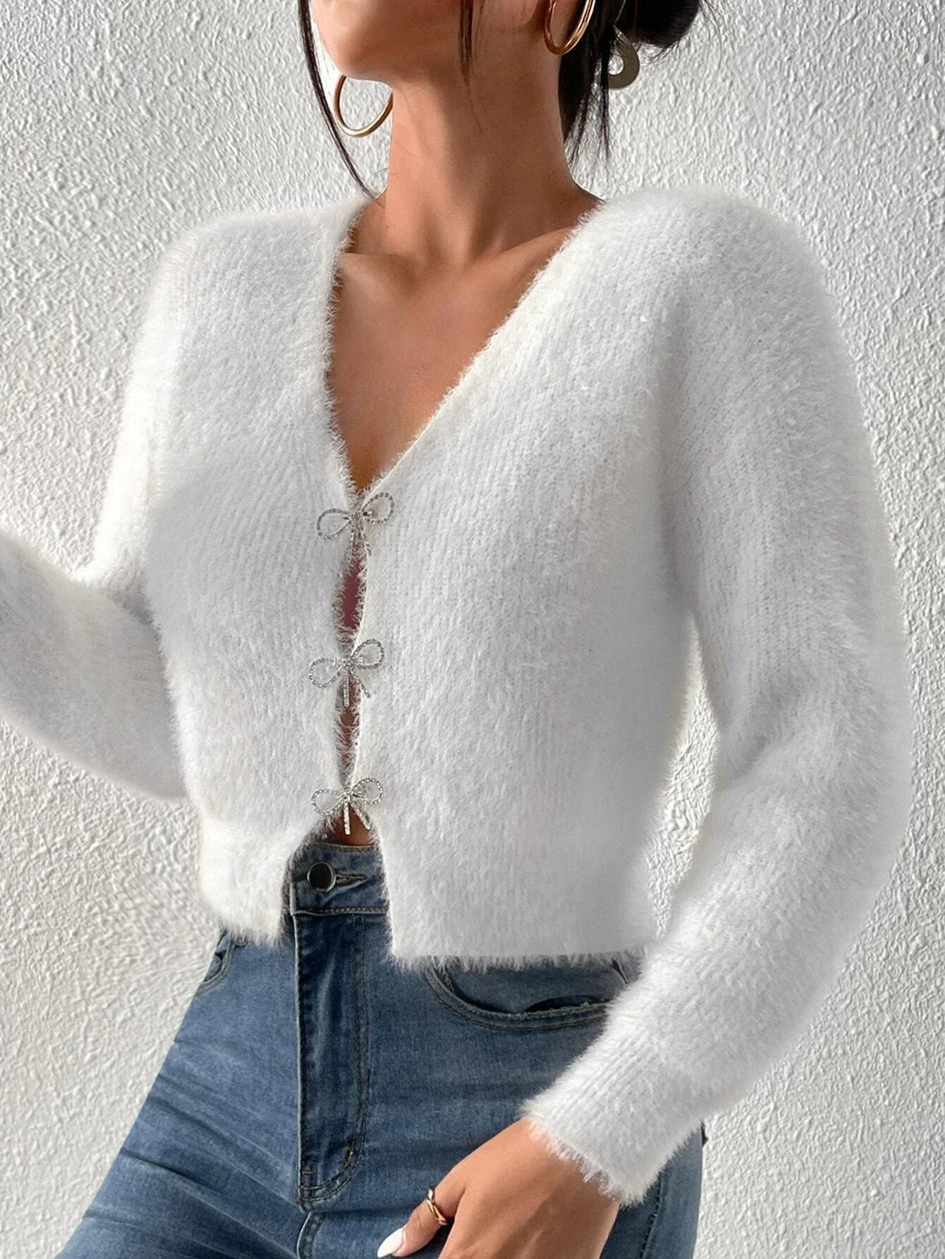 Buy SHEIN Privé Date Night Rhinestone Bow Front Fluffy Knit Mohair Cardigan in Pakistan