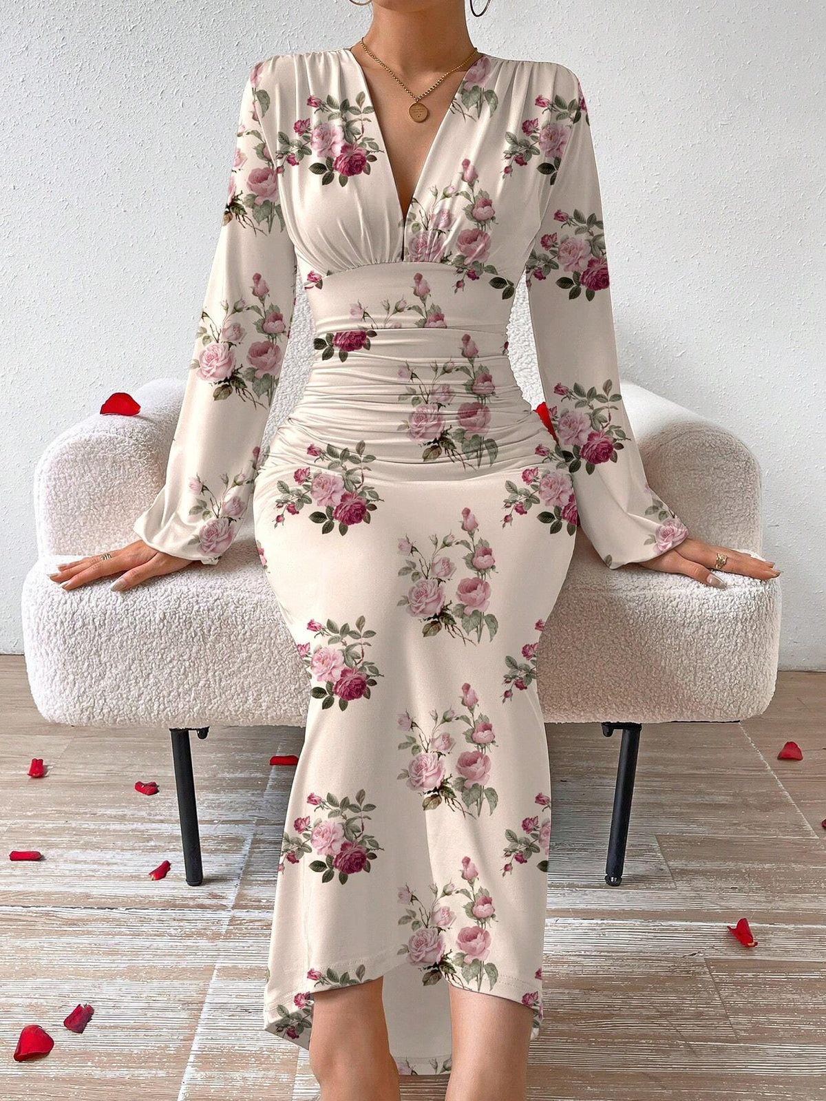 Buy SHEIN Privé Elegant Women Party V-Neck Floral Print Ruched Puff Sleeve Dress in Pakistan