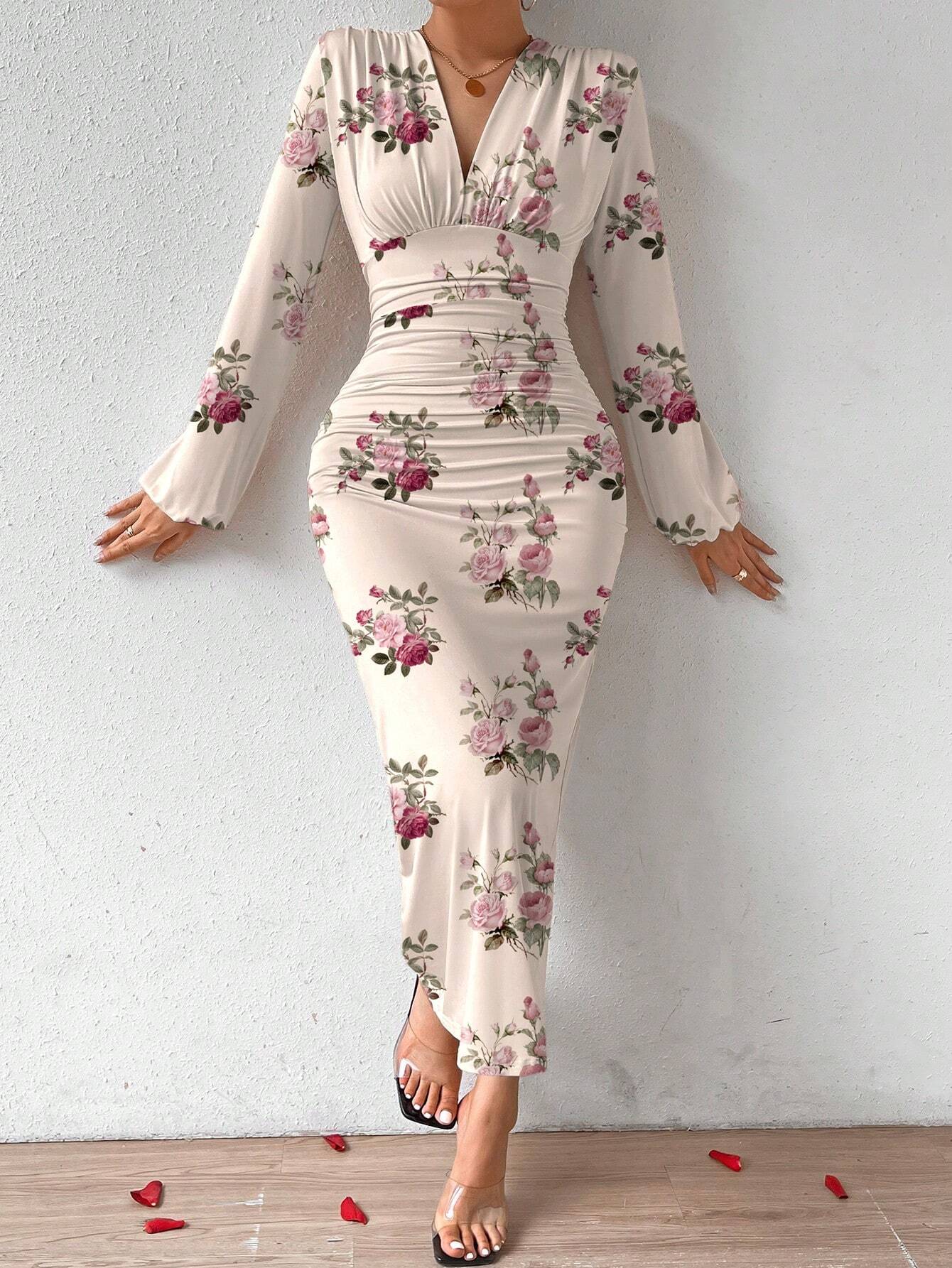 Buy SHEIN Privé Elegant Women Party V-Neck Floral Print Ruched Puff Sleeve Dress in Pakistan