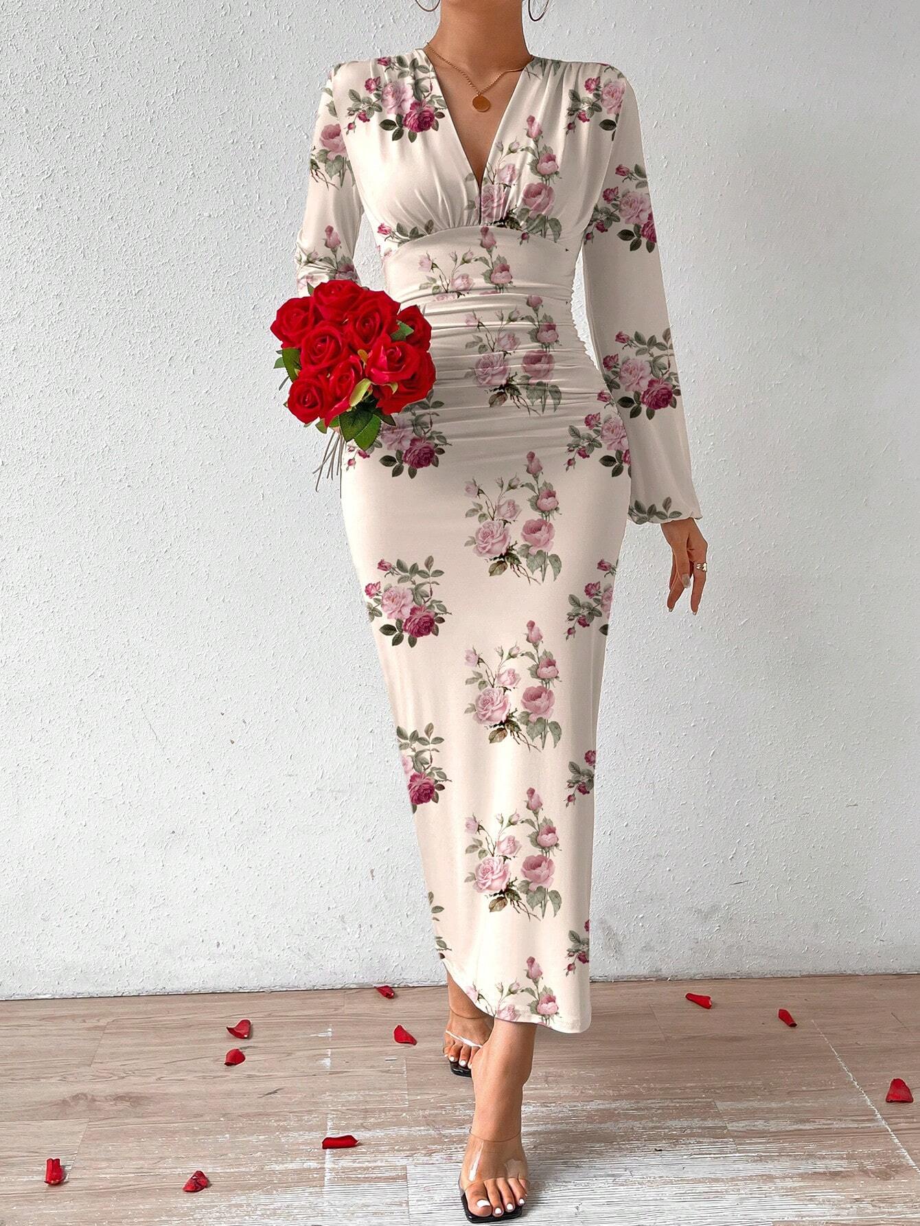 Buy SHEIN Privé Elegant Women Party V-Neck Floral Print Ruched Puff Sleeve Dress in Pakistan