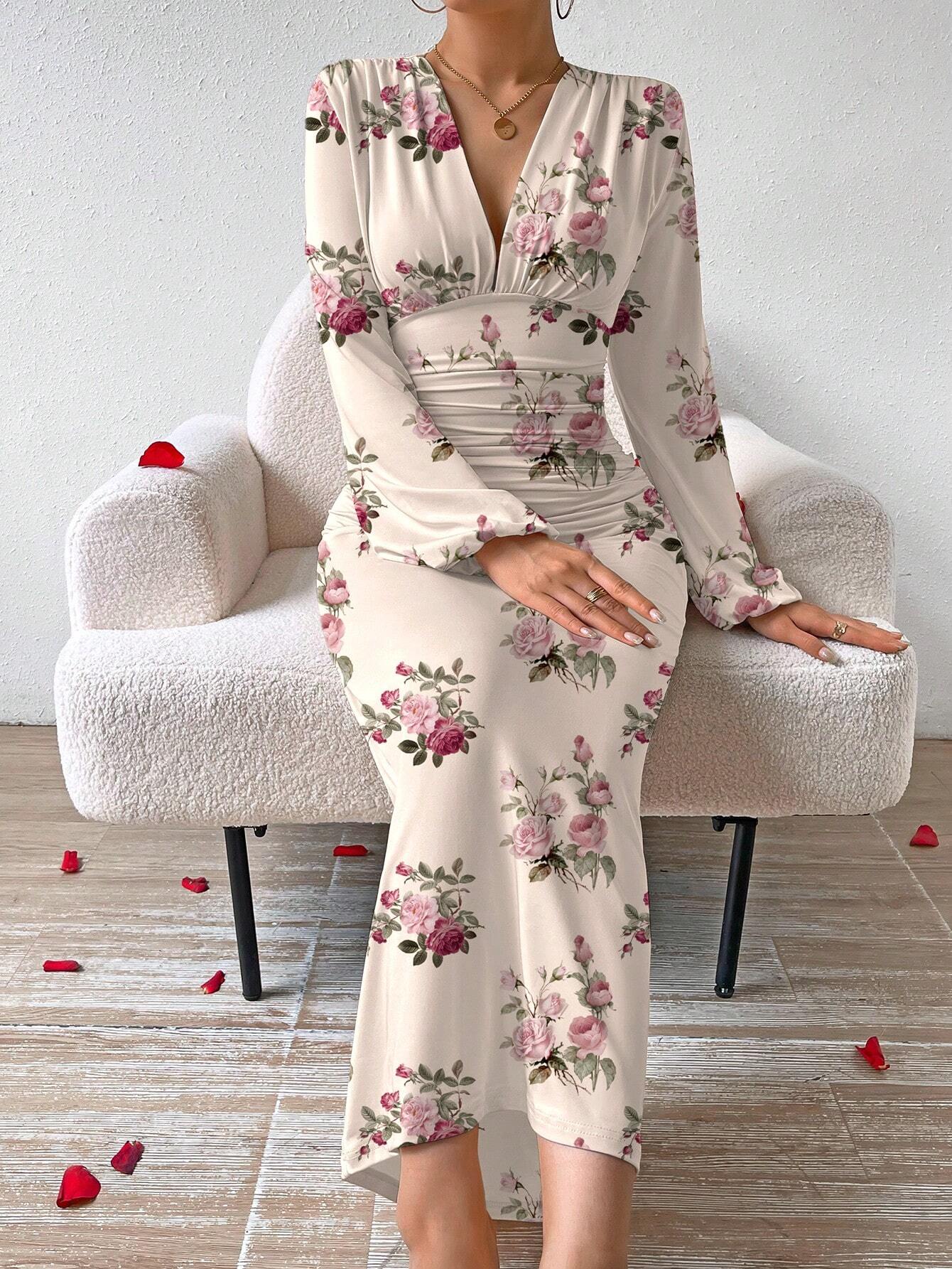 Buy SHEIN Privé Elegant Women Party V-Neck Floral Print Ruched Puff Sleeve Dress in Pakistan