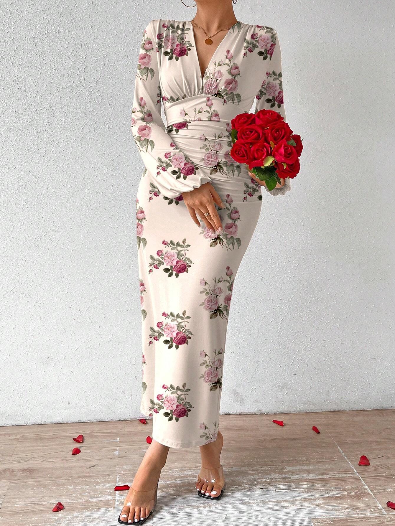 Buy SHEIN Privé Elegant Women Party V-Neck Floral Print Ruched Puff Sleeve Dress in Pakistan