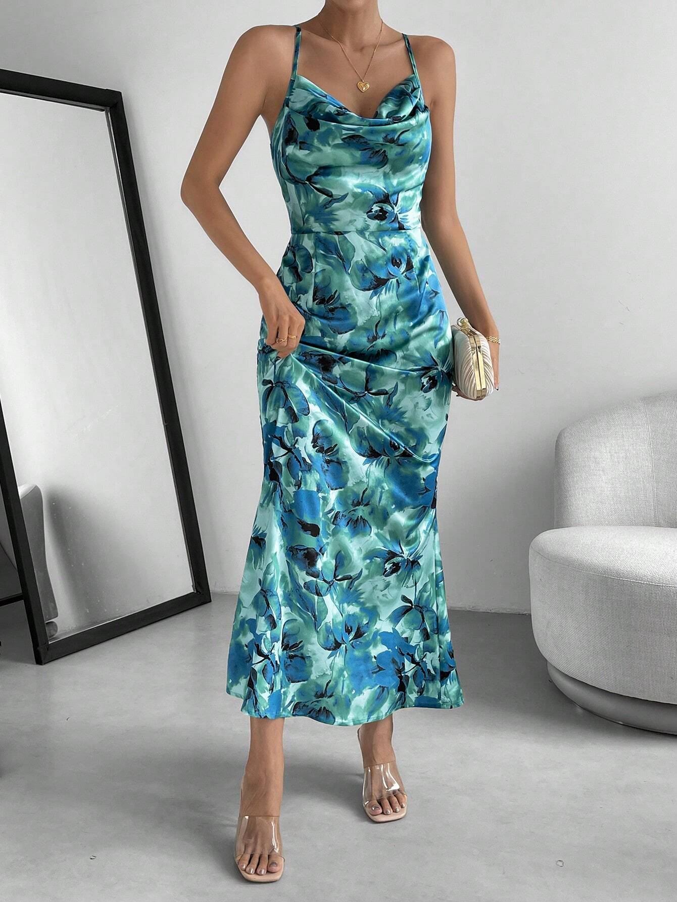 Buy SHEIN Priv̩ Floral Print Draped Collar Cami Dress in Pakistan