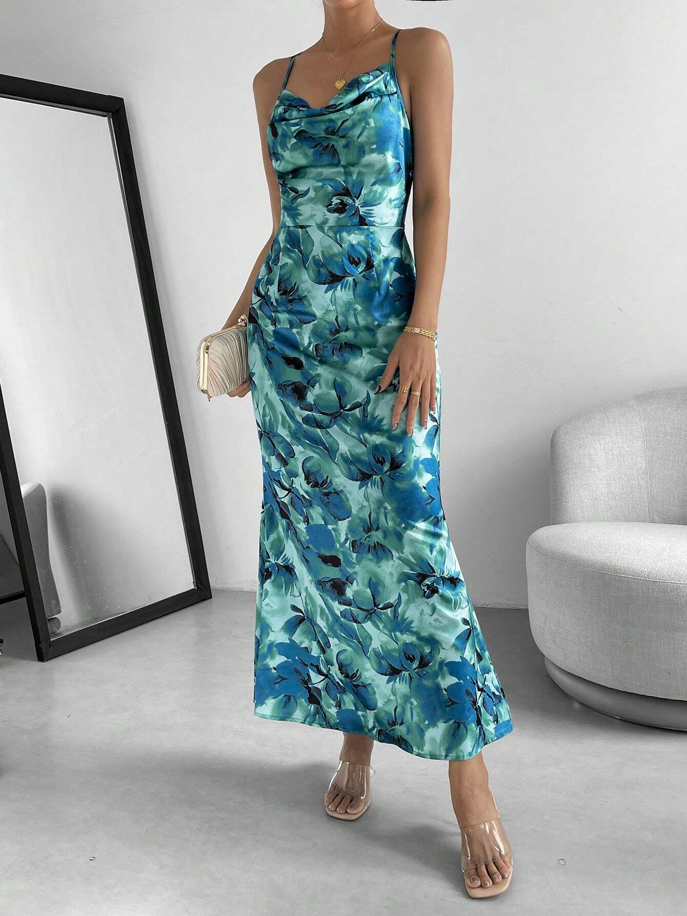 Buy SHEIN Priv̩ Floral Print Draped Collar Cami Dress in Pakistan