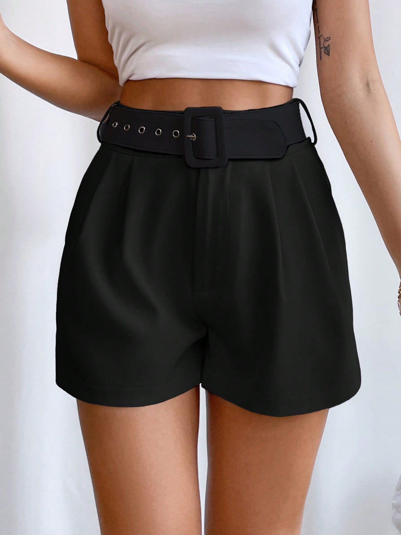 Buy SHEIN Privé Fold Pleated Belted Wide Leg Shorts in Pakistan