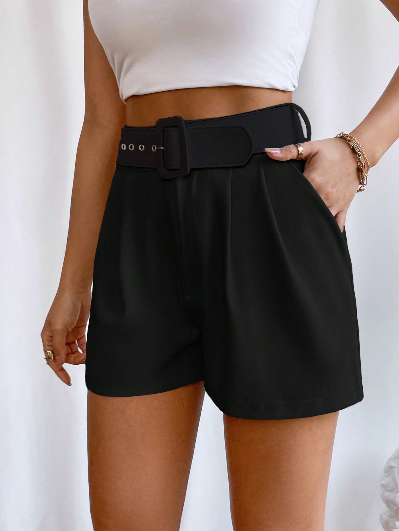 Buy SHEIN Privé Fold Pleated Belted Wide Leg Shorts in Pakistan