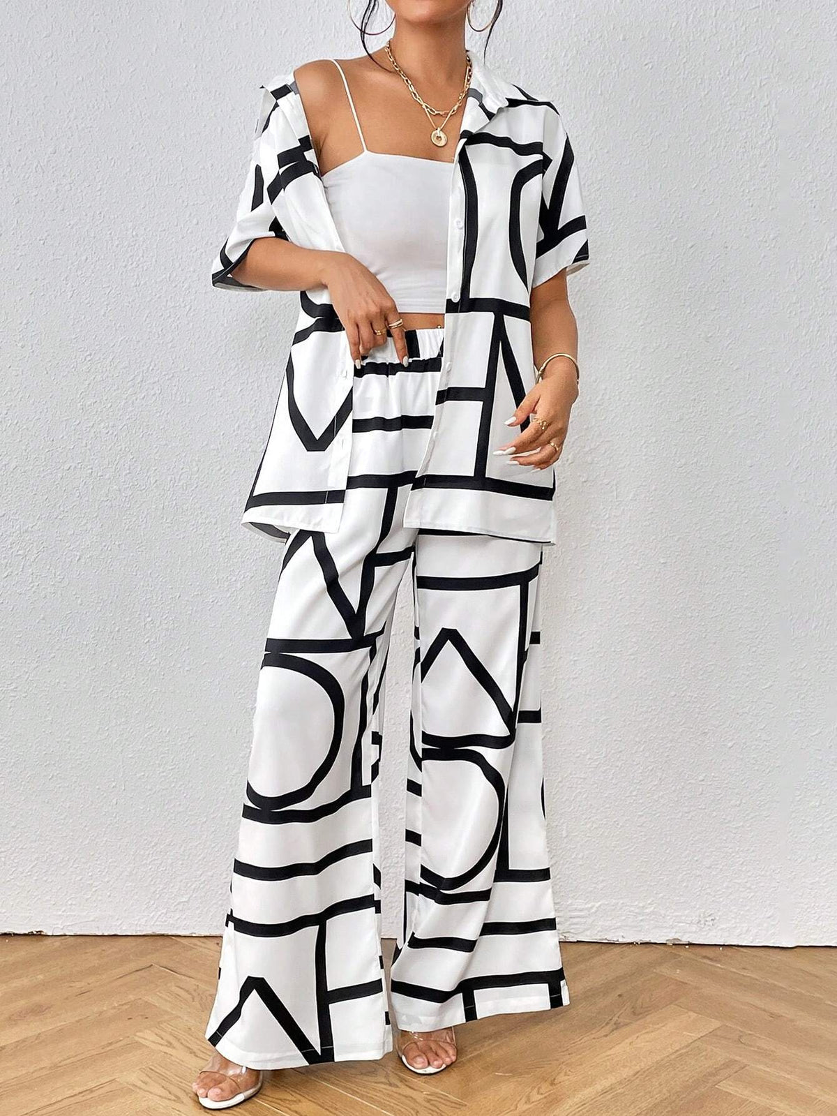 Buy SHEIN Privé Geo Print Shirt & Wide Leg Pants in Pakistan