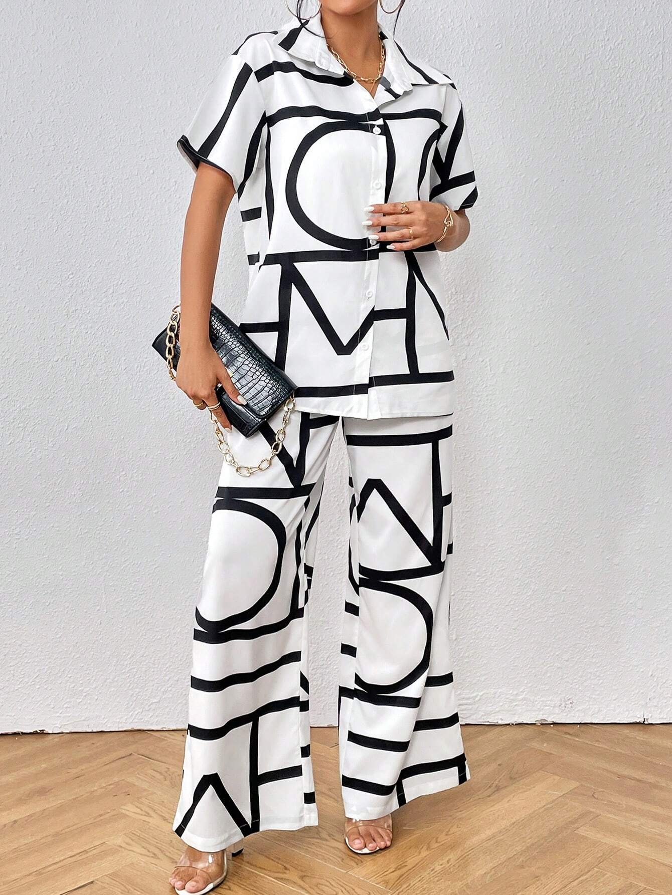 Buy SHEIN Privé Geo Print Shirt & Wide Leg Pants in Pakistan