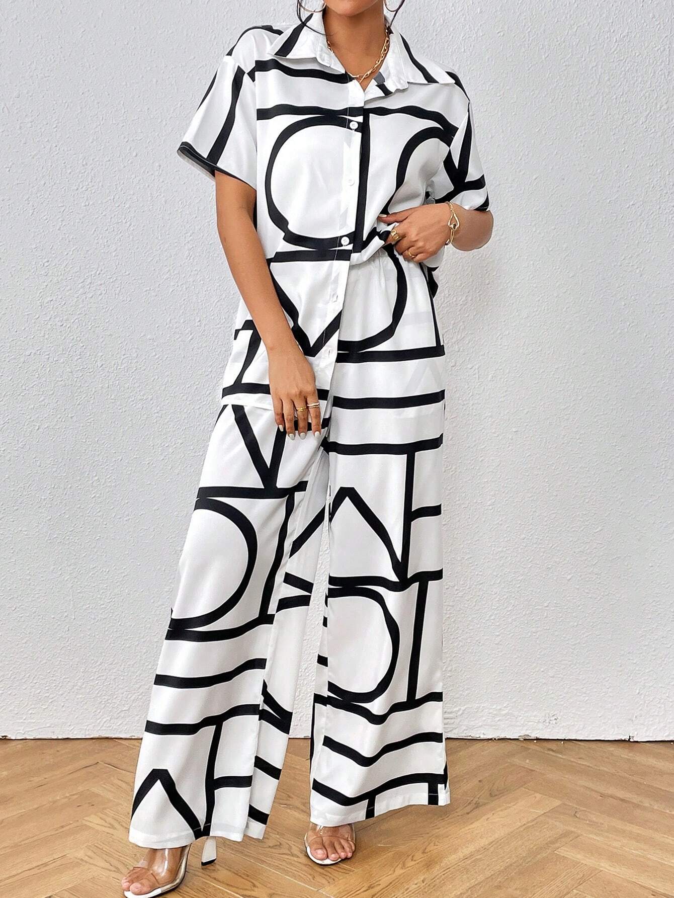 Buy SHEIN Privé Geo Print Shirt & Wide Leg Pants in Pakistan