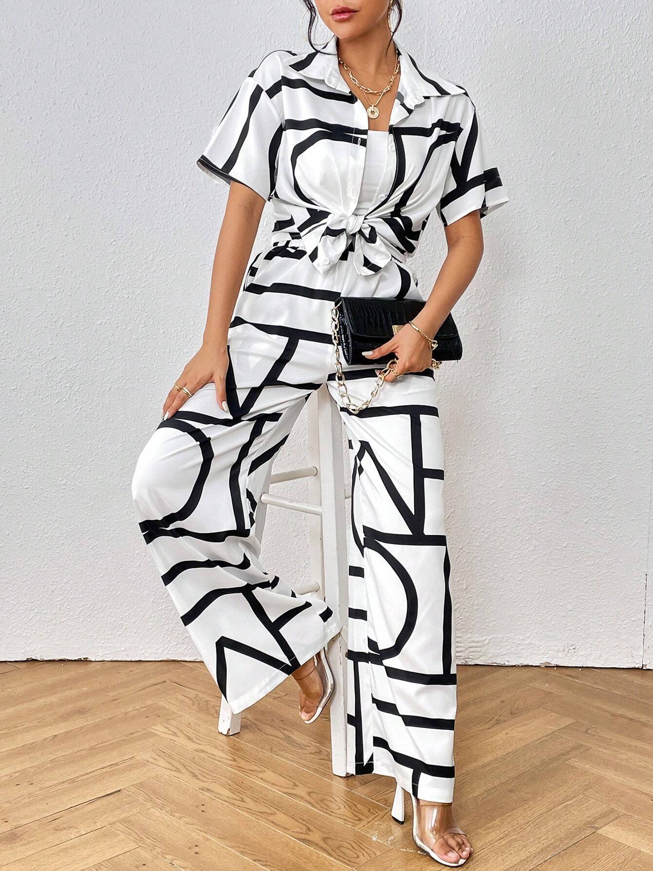 Buy SHEIN Privé Geo Print Shirt & Wide Leg Pants in Pakistan